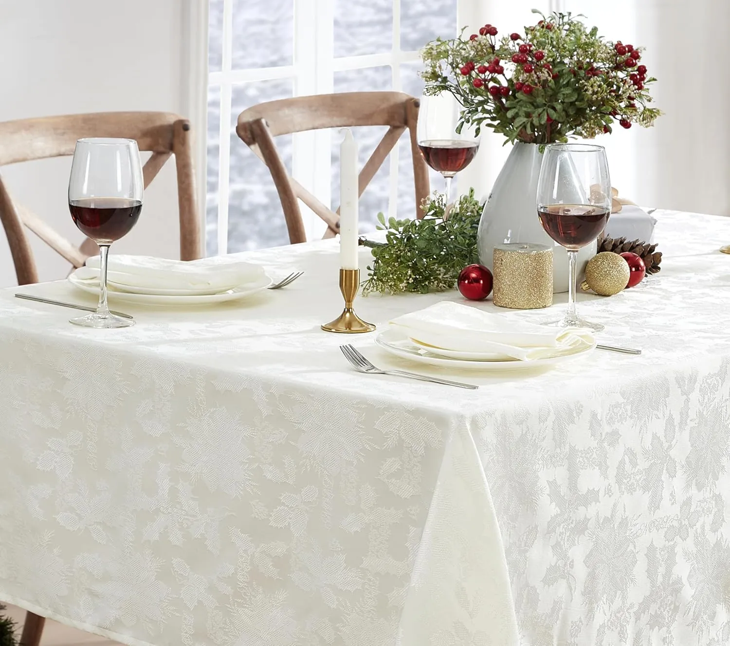 Newbridge “Christmas Carol” Holiday Noel Damask Tablecloth, Holly Leaf and Poinsettia Weave Damask Soil Resistant, Wrinkle Free Easy Care Tablecloth, 60” x 120” Oblong/Rectangle, Ivory