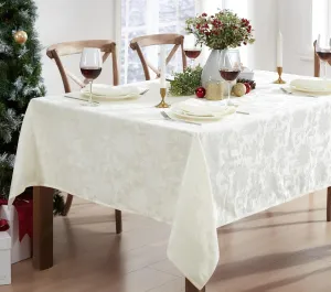 Newbridge “Christmas Carol” Holiday Noel Damask Tablecloth, Holly Leaf and Poinsettia Weave Damask Soil Resistant, Wrinkle Free Easy Care Tablecloth, 60” x 120” Oblong/Rectangle, Ivory