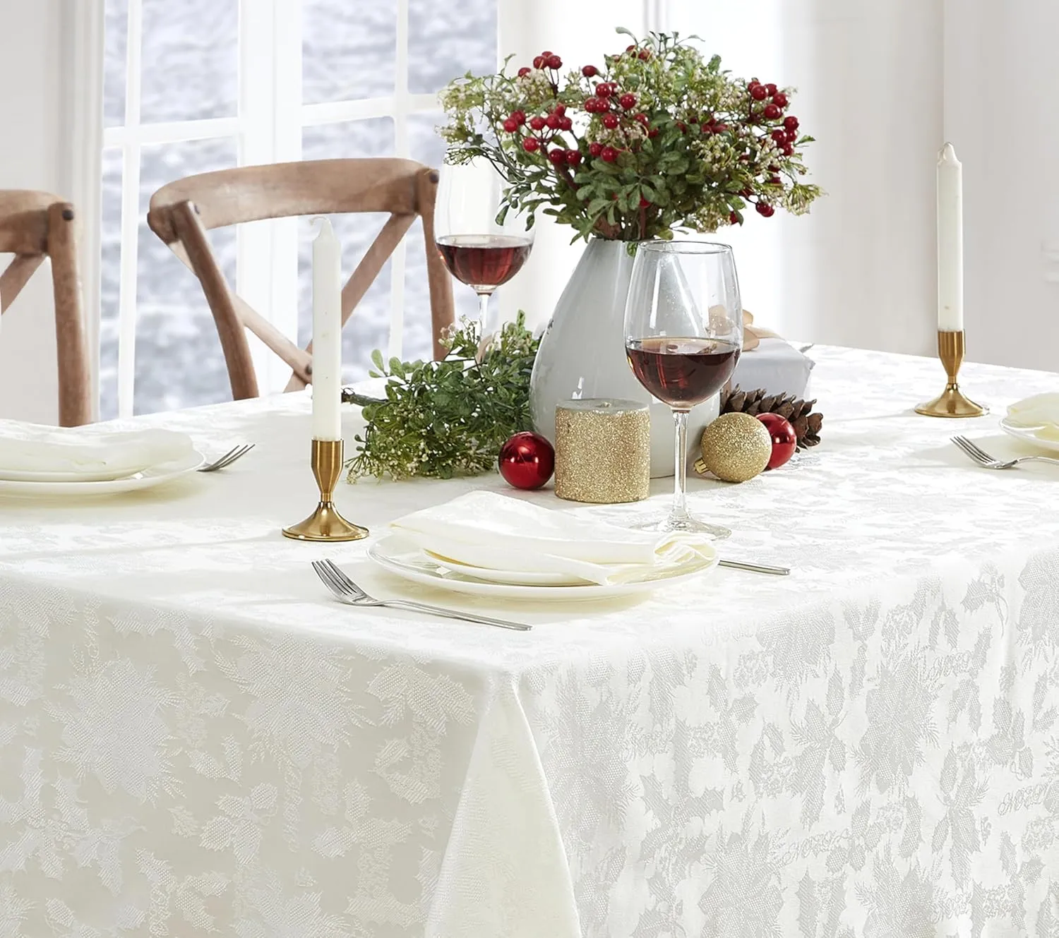 Newbridge “Christmas Carol” Holiday Noel Damask Tablecloth, Holly Leaf and Poinsettia Weave Damask Soil Resistant, Wrinkle Free Easy Care Tablecloth, 60” x 120” Oblong/Rectangle, Ivory