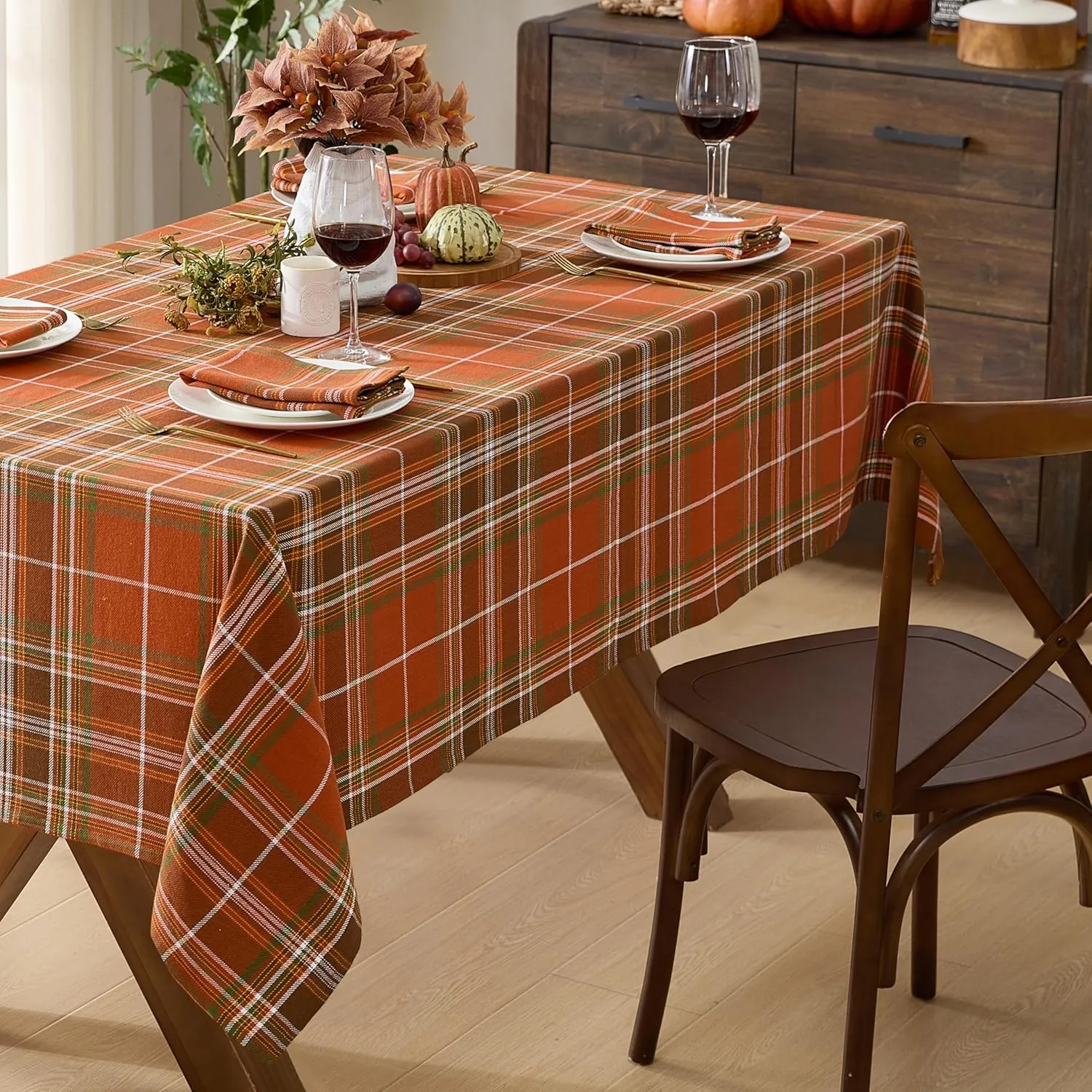 Newbridge Culloden Plaid Fabric Weave Tablecloth, Traditional Bold Rust and Green 100% Cotton Weave Plaid Tablecloth, 60 Inch x 102 Inch Oblong/Rectangle