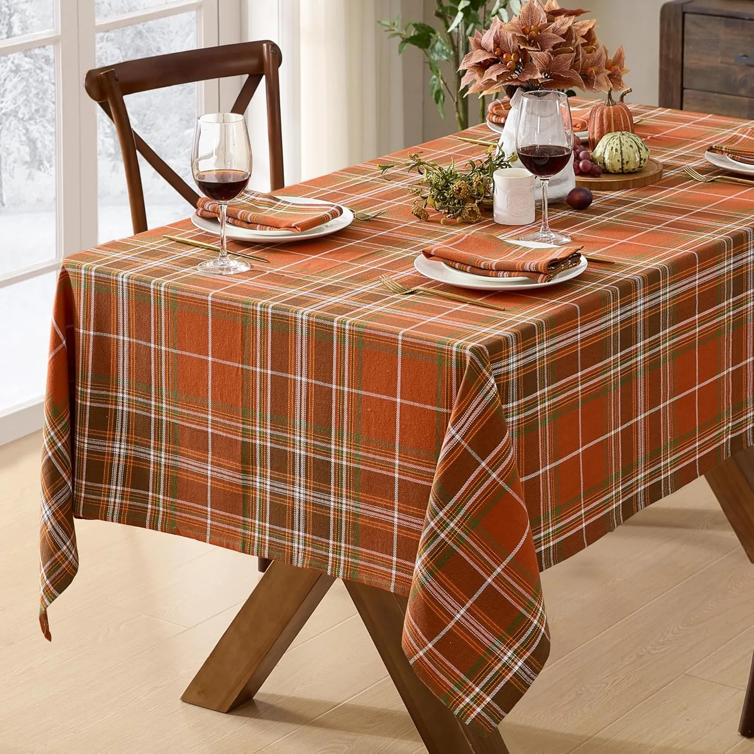 Newbridge Culloden Plaid Fabric Weave Tablecloth, Traditional Bold Rust and Green 100% Cotton Weave Plaid Tablecloth, 60 Inch x 102 Inch Oblong/Rectangle