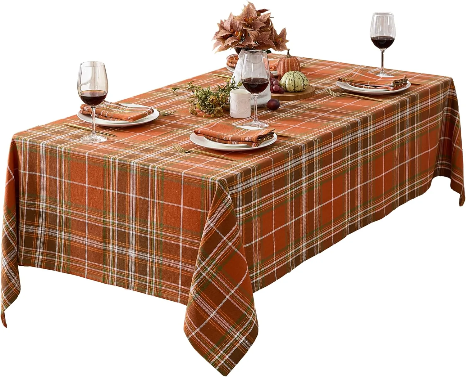 Newbridge Culloden Plaid Fabric Weave Tablecloth, Traditional Bold Rust and Green 100% Cotton Weave Plaid Tablecloth, 60 Inch x 102 Inch Oblong/Rectangle
