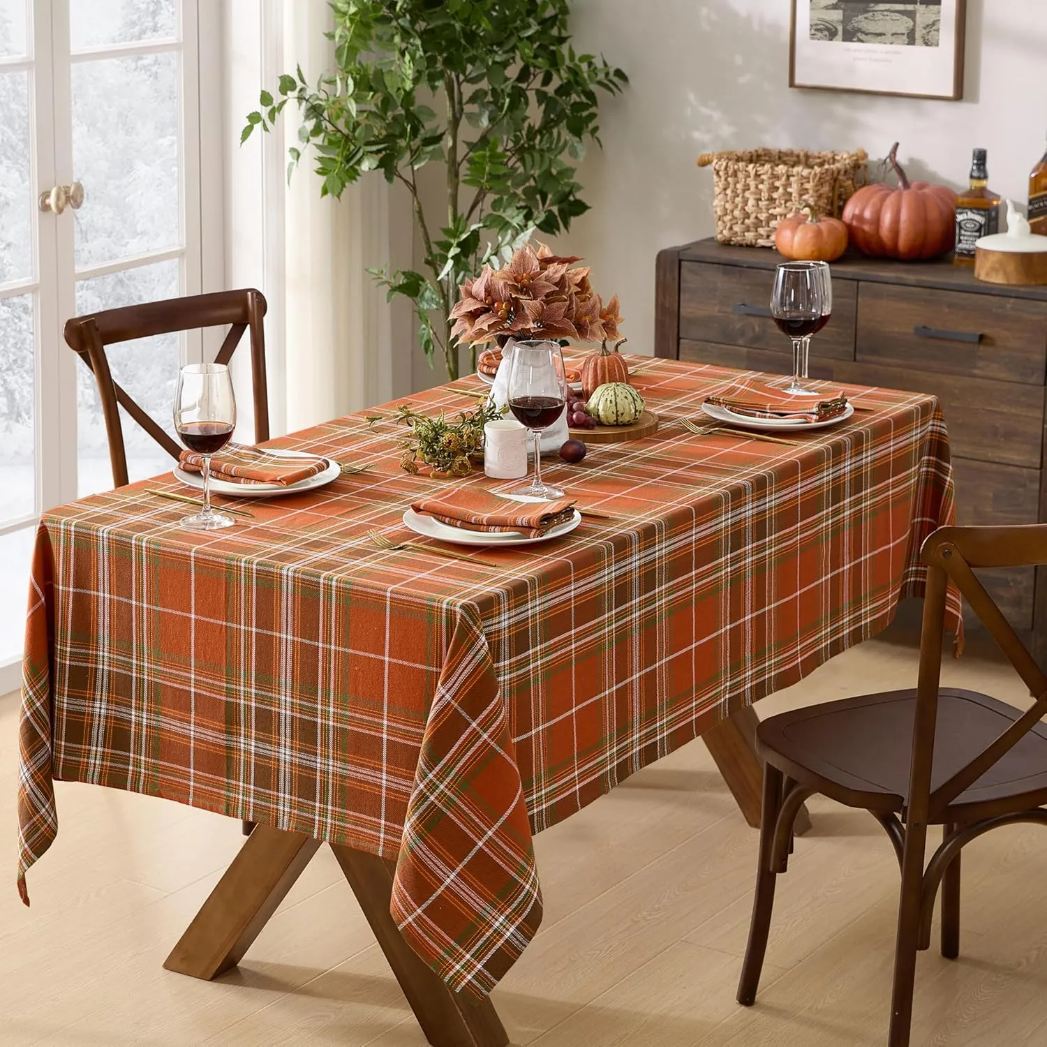 Newbridge Culloden Plaid Fabric Weave Tablecloth, Traditional Bold Rust and Green 100% Cotton Weave Plaid Tablecloth, 60 Inch x 102 Inch Oblong/Rectangle