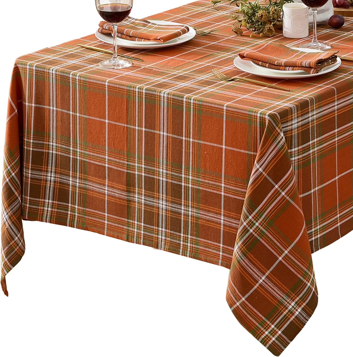 Newbridge Culloden Plaid Fabric Weave Tablecloth, Traditional Bold Rust and Green 100% Cotton Weave Plaid Tablecloth, 60 Inch x 102 Inch Oblong/Rectangle