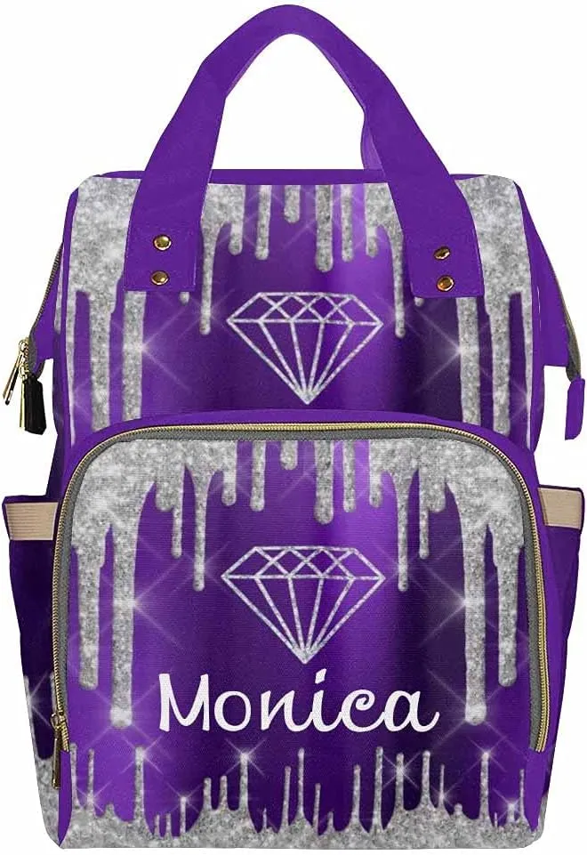 Newcos Personalized Glitter Drips Gray Violet Diamon Diaper Bag with Name Nappy Bags Travel Casual Mummy Backpack for Mom Women, Multi 002