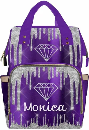 Newcos Personalized Glitter Drips Gray Violet Diamon Diaper Bag with Name Nappy Bags Travel Casual Mummy Backpack for Mom Women, Multi 002