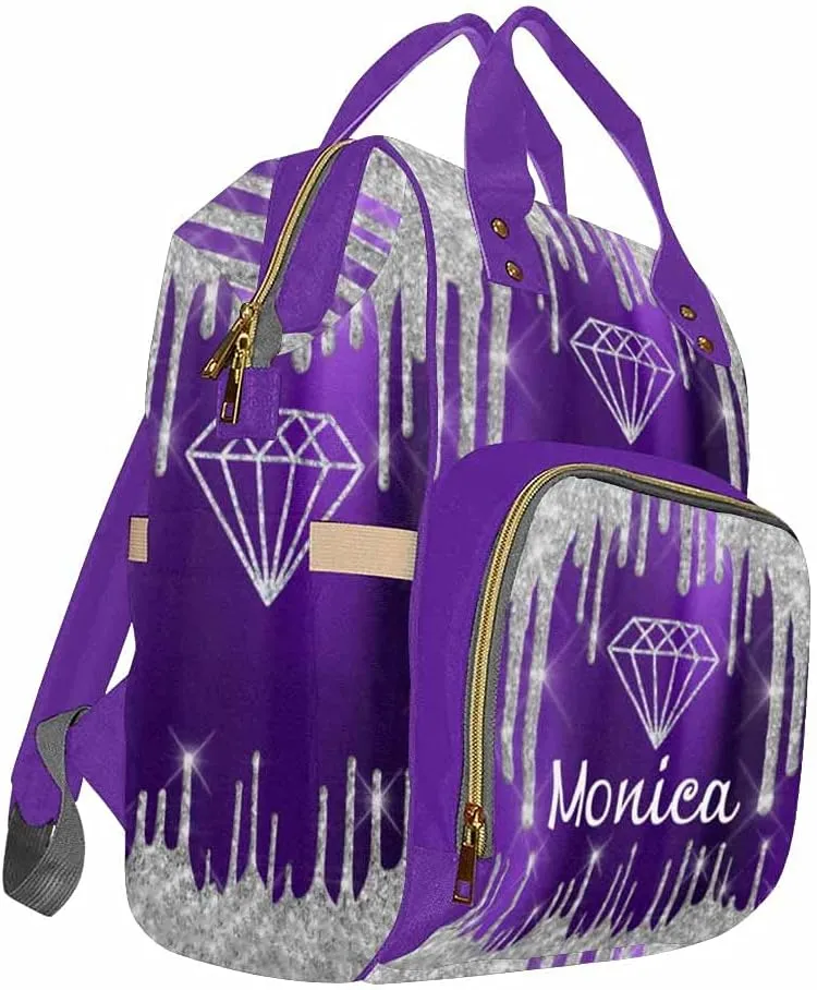 Newcos Personalized Glitter Drips Gray Violet Diamon Diaper Bag with Name Nappy Bags Travel Casual Mummy Backpack for Mom Women, Multi 002