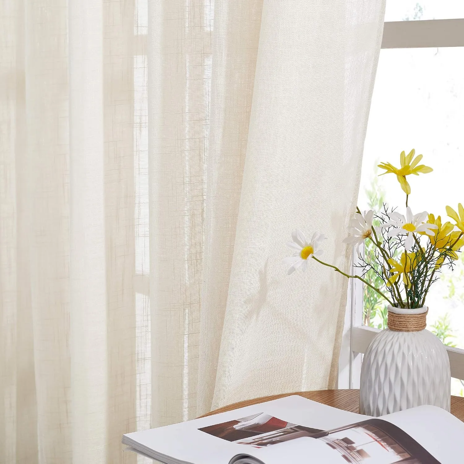 NICETOWN Faux Linen Sheer Curtains - Semi-Voile Small Window Covering with Grommet Top Voile Panel Drapes for Kitchen/Nursery/Bathroom (Beige, 52" W x 45" L, 2 Panels)