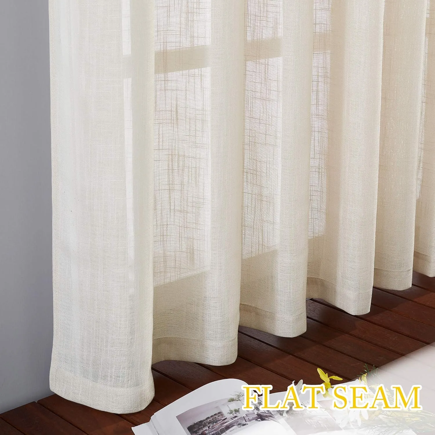 NICETOWN Faux Linen Sheer Curtains - Semi-Voile Small Window Covering with Grommet Top Voile Panel Drapes for Kitchen/Nursery/Bathroom (Beige, 52" W x 45" L, 2 Panels)