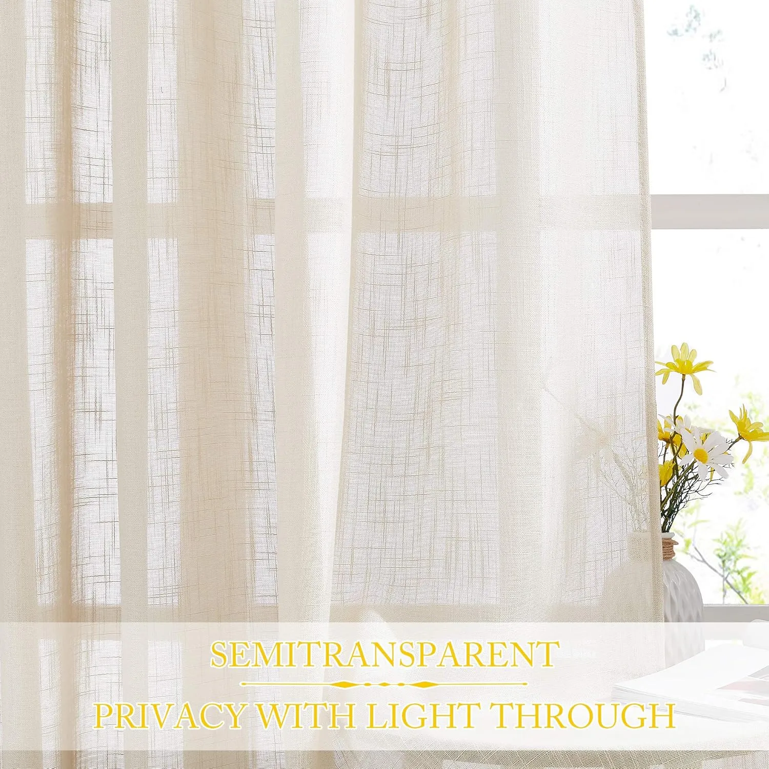 NICETOWN Faux Linen Sheer Curtains - Semi-Voile Small Window Covering with Grommet Top Voile Panel Drapes for Kitchen/Nursery/Bathroom (Beige, 52" W x 45" L, 2 Panels)