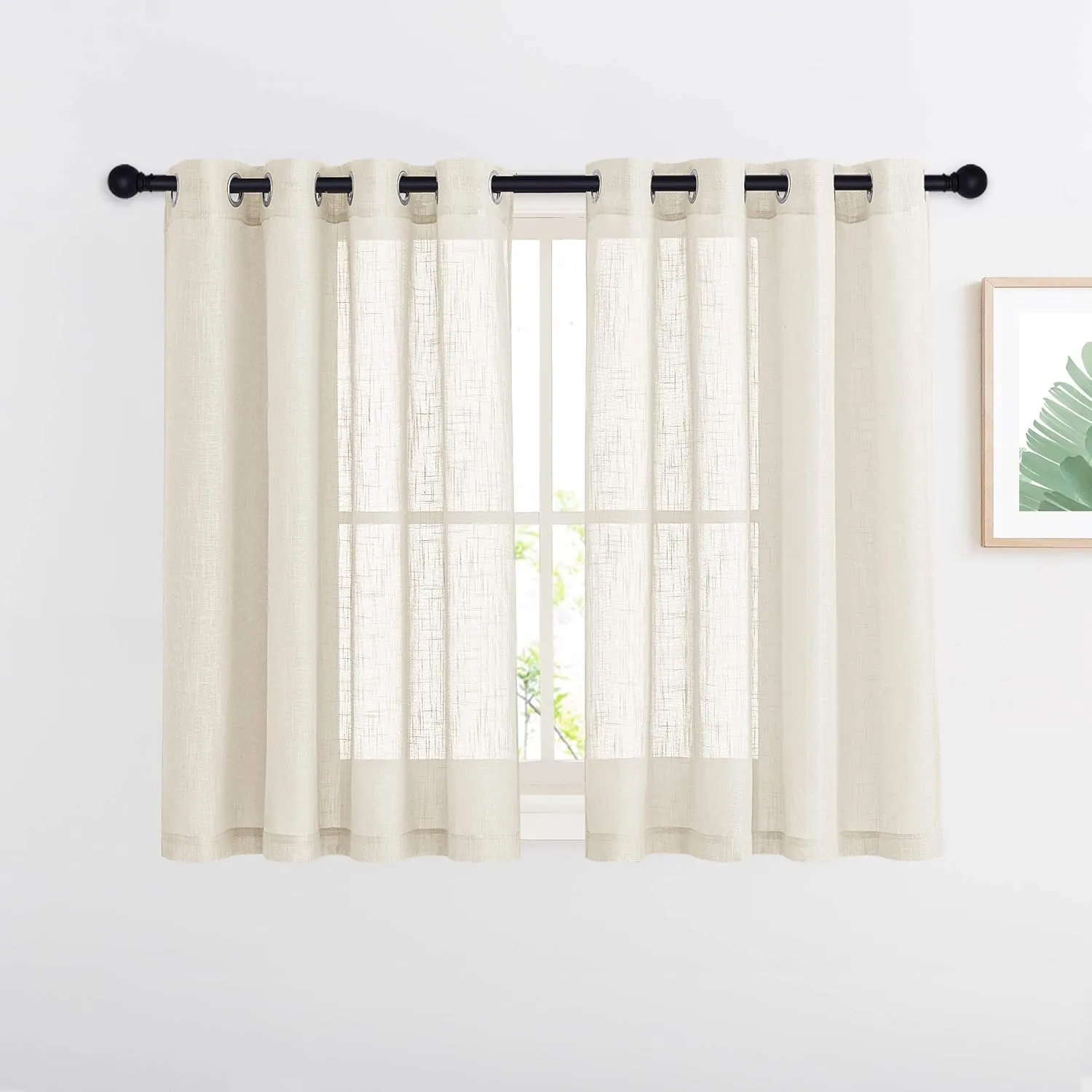 NICETOWN Faux Linen Sheer Curtains - Semi-Voile Small Window Covering with Grommet Top Voile Panel Drapes for Kitchen/Nursery/Bathroom (Beige, 52" W x 45" L, 2 Panels)