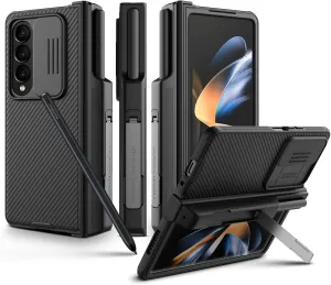 Nillkin CamShield Pro for Samsung Galaxy Z Fold 4 Case with Pen Holder, with Kickstand Hinge Protection Slide Camera Cover,Case for Samsung Z Fold 4 5G with S-Pen Holder (Black) (Black)
