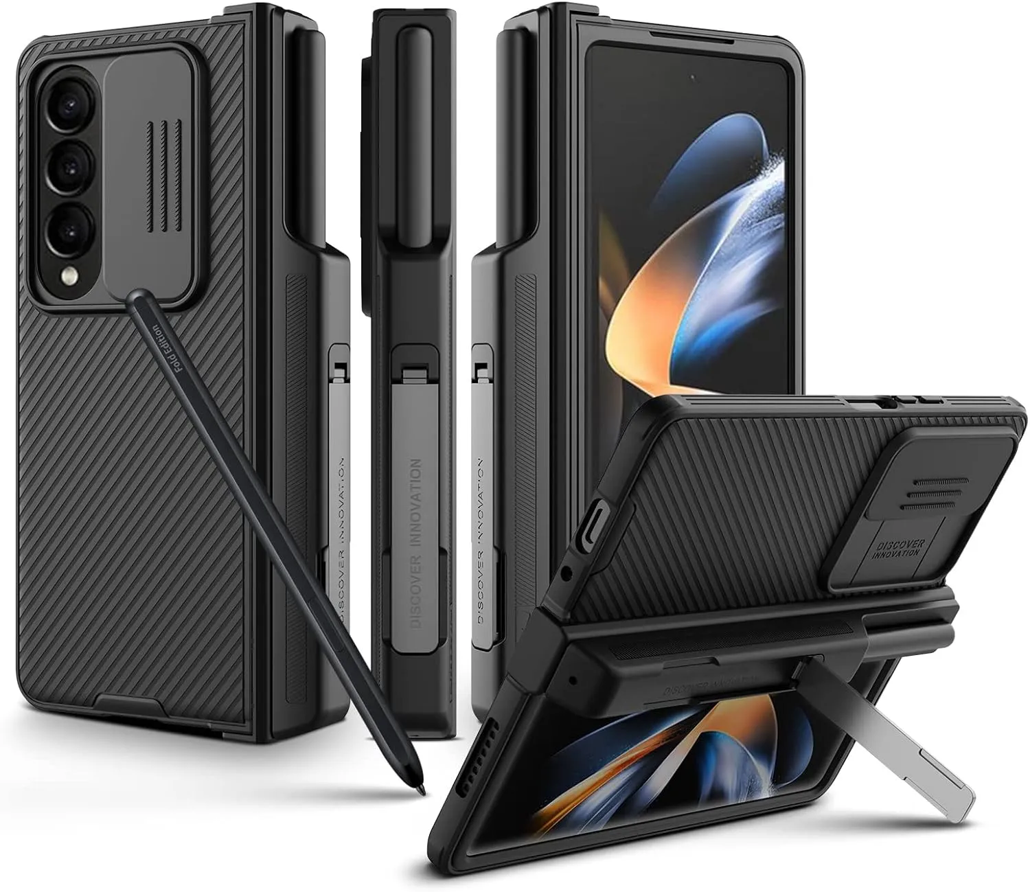 Nillkin CamShield Pro for Samsung Galaxy Z Fold 4 Case with Pen Holder, with Kickstand Hinge Protection Slide Camera Cover,Case for Samsung Z Fold 4 5G with S-Pen Holder (Black) (Black)