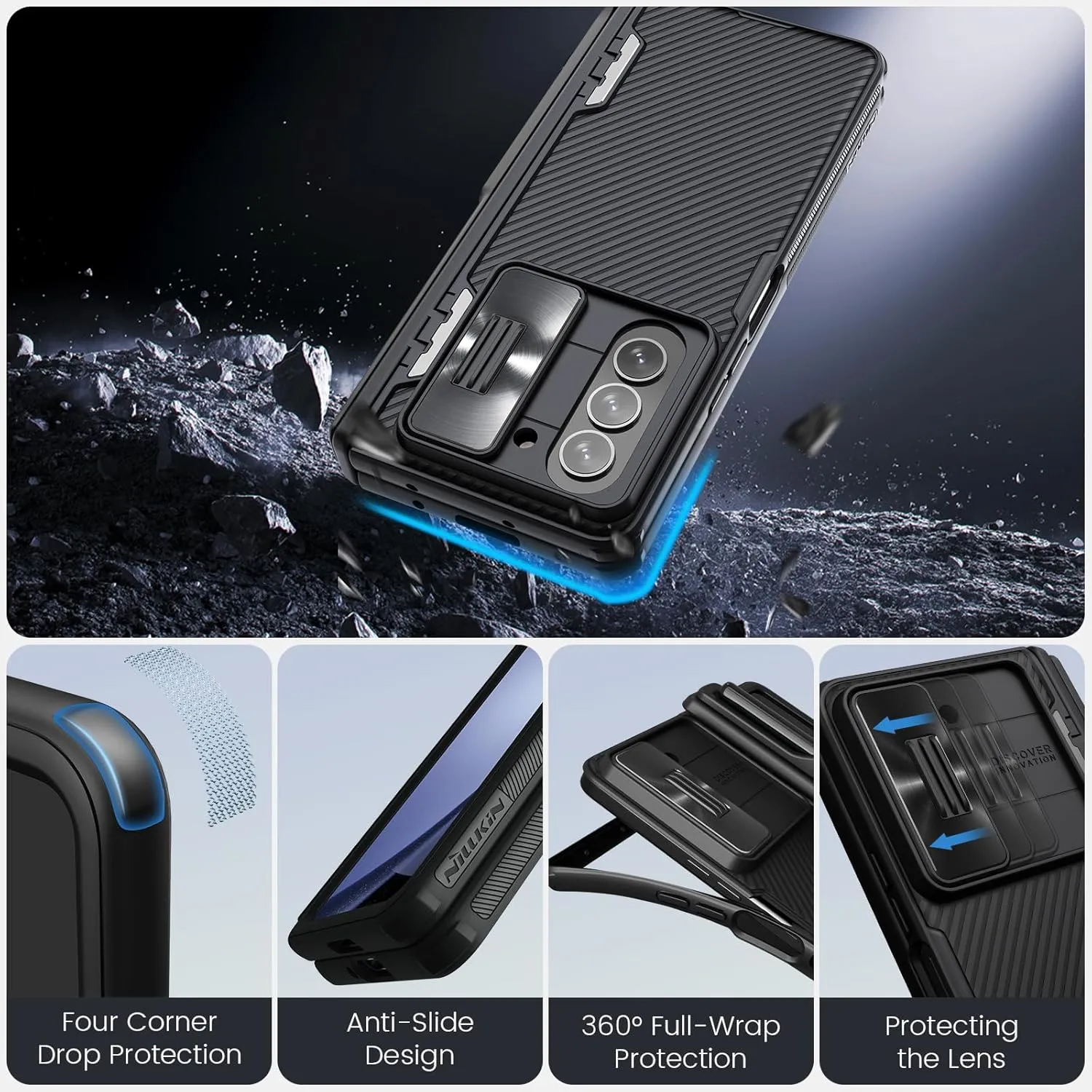 Nillkin for Samsung Galaxy Z Fold 5 Case with Kickstand & Hinge Protection [Slide Camera Cover] CamShield Pro Slim Protective Phone Case for Galaxy Z Fold 5 5G Black