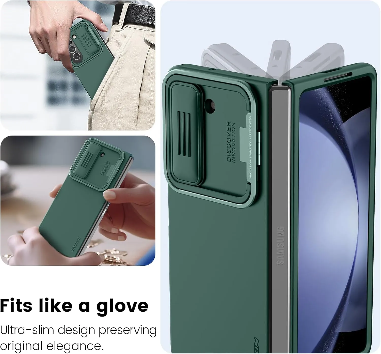 Nillkin Samsung Galaxy Z Fold 5 Case with Metal Kickstand [Slide Camera Cover] CamShield Silky [Liquid Silicone ] Case for Galaxy Z Fold 5 5G Slim Pockets Fit Protective Case Green