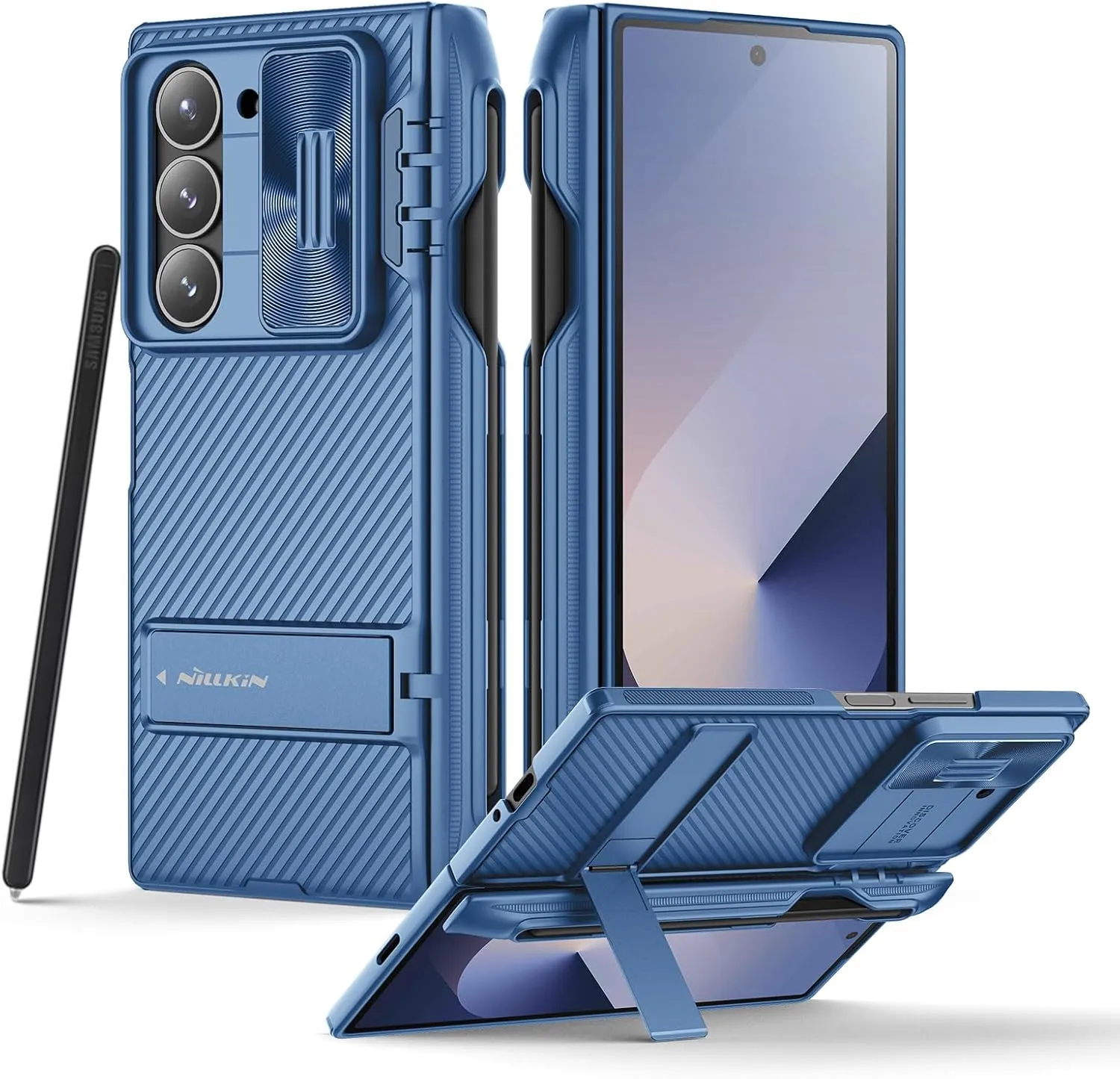 Nillkin Samsung Galaxy Z Fold 6 Case with S Pen Holder & Hinge Protection [Hidden Kickstand] [Slide Camera Cover] CamShield Pro Slim Protective Case for Galaxy Z Fold 6 5G (Blue)