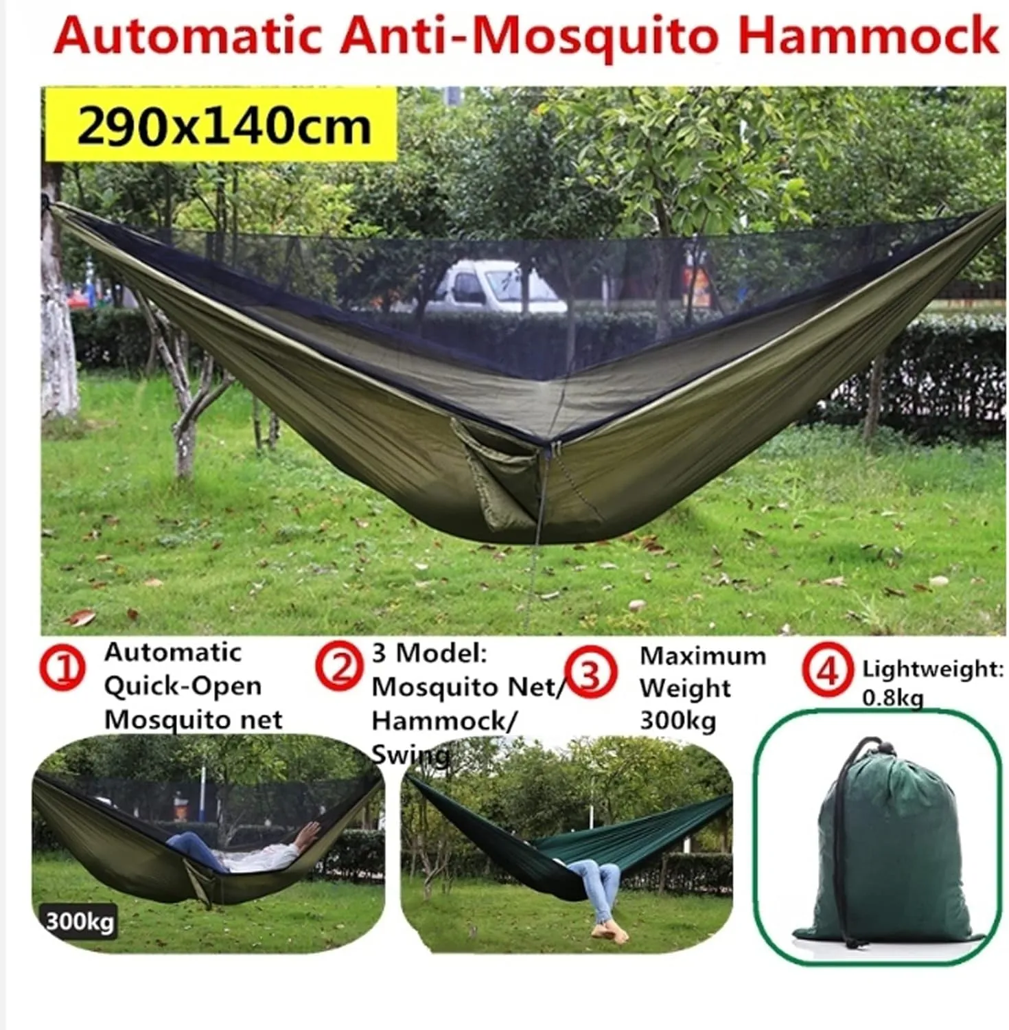 NOBRIM Portable Hammock Outdoors Double Camping Hammocks with Mosquito Net Lightweight Parachute Nylon Hammock for Backpacking Hiking