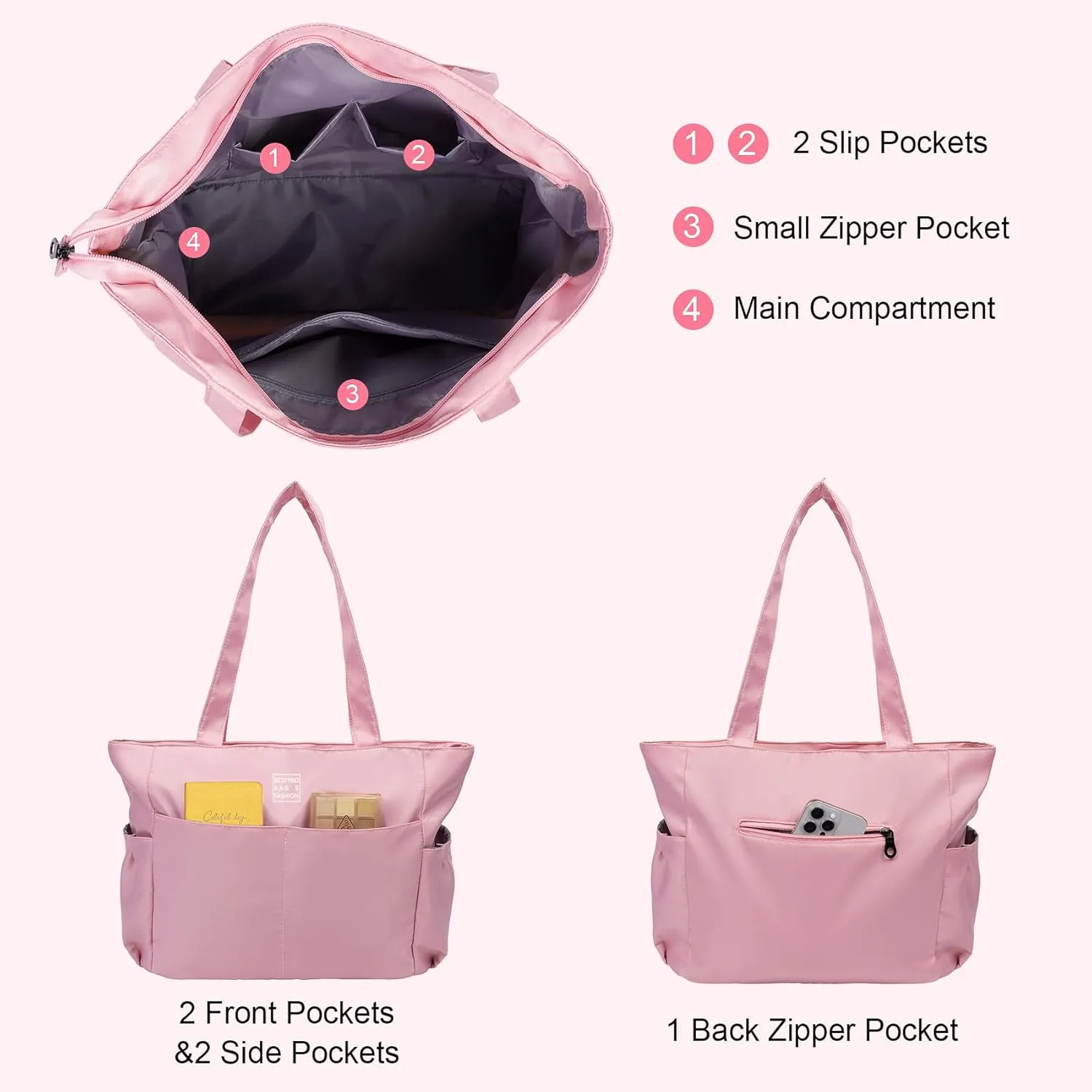 Nylon Tote Bag for Women Multi-pocket Large Shoulder Bag Casual Handbag with Zipper for Wrok Travel College