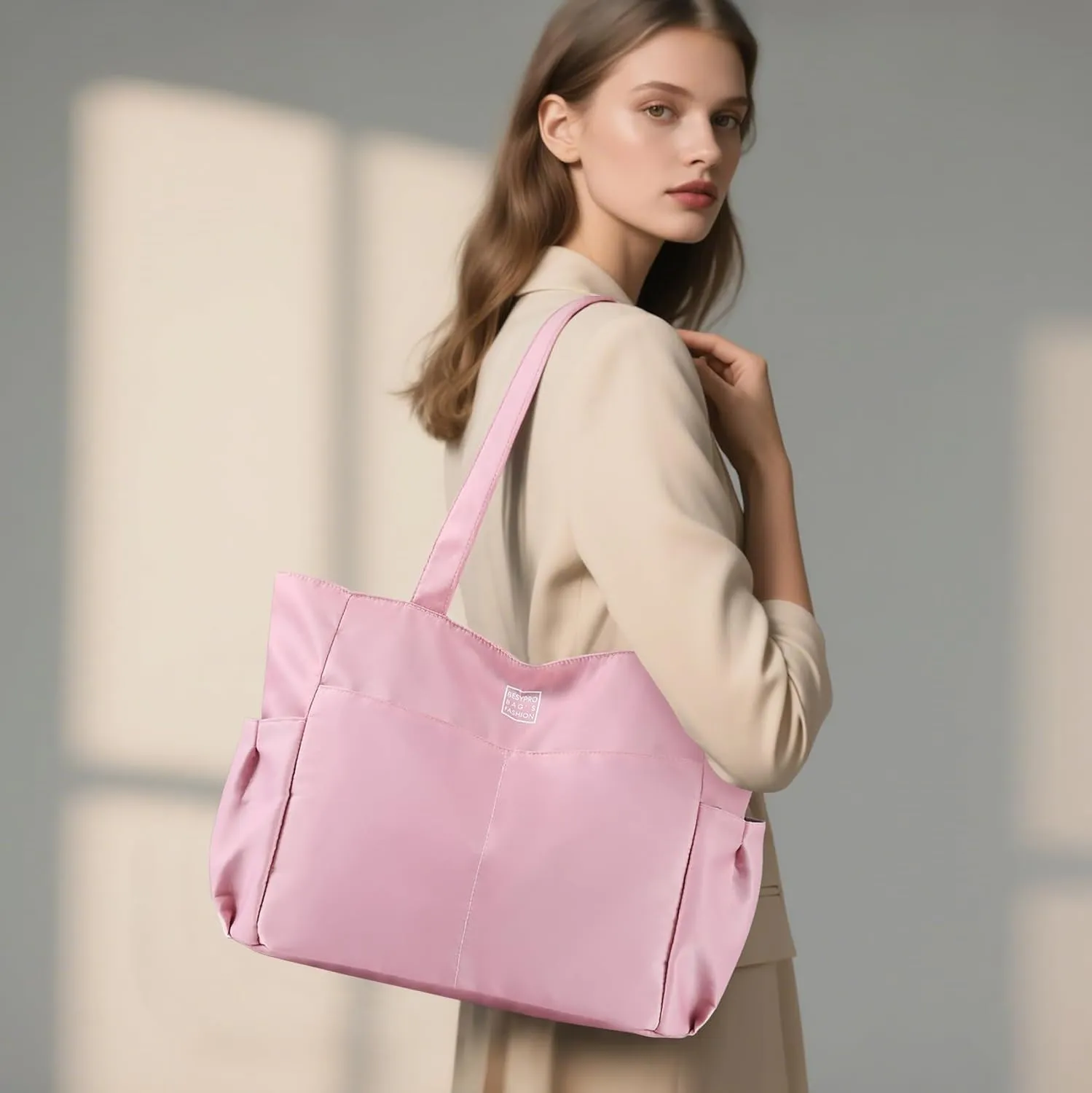Nylon Tote Bag for Women Multi-pocket Large Shoulder Bag Casual Handbag with Zipper for Wrok Travel College