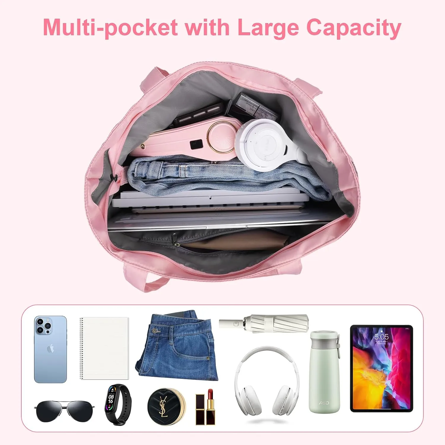 Nylon Tote Bag for Women Multi-pocket Large Shoulder Bag Casual Handbag with Zipper for Wrok Travel College