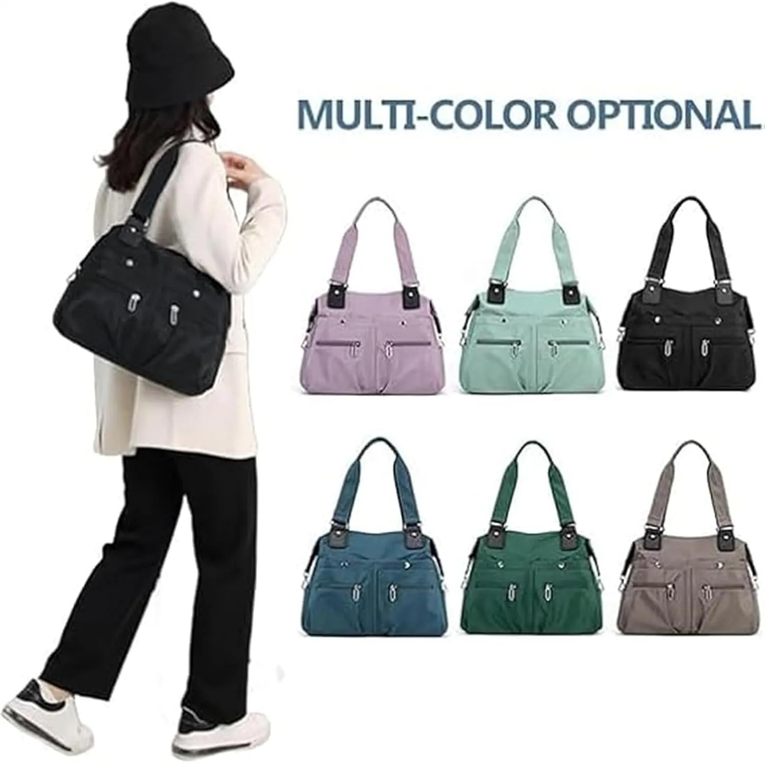 Nylon Tote Bag, Nylon Waterproof Tote Bag, Multi Pocket Shoulder Bag