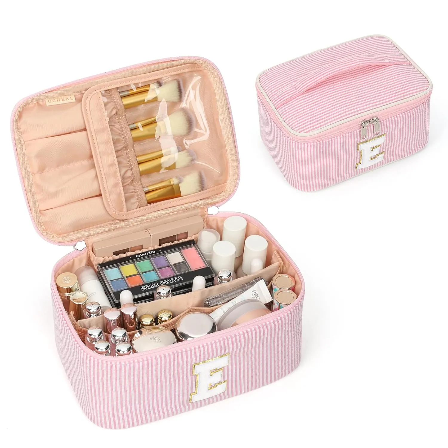 OCHEAL Personalized Makeup Bag for Women Monogram Travel Cosmetic Bag with Brush Holder and Divider, Pink Makeup Organizer Pouch Gift for Her Girls Bridesmaid, Sister, Wife, Friends Initial E