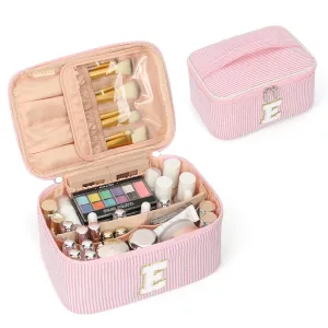 OCHEAL Personalized Makeup Bag for Women Monogram Travel Cosmetic Bag with Brush Holder and Divider, Pink Makeup Organizer Pouch Gift for Her Girls Bridesmaid, Sister, Wife, Friends Initial E