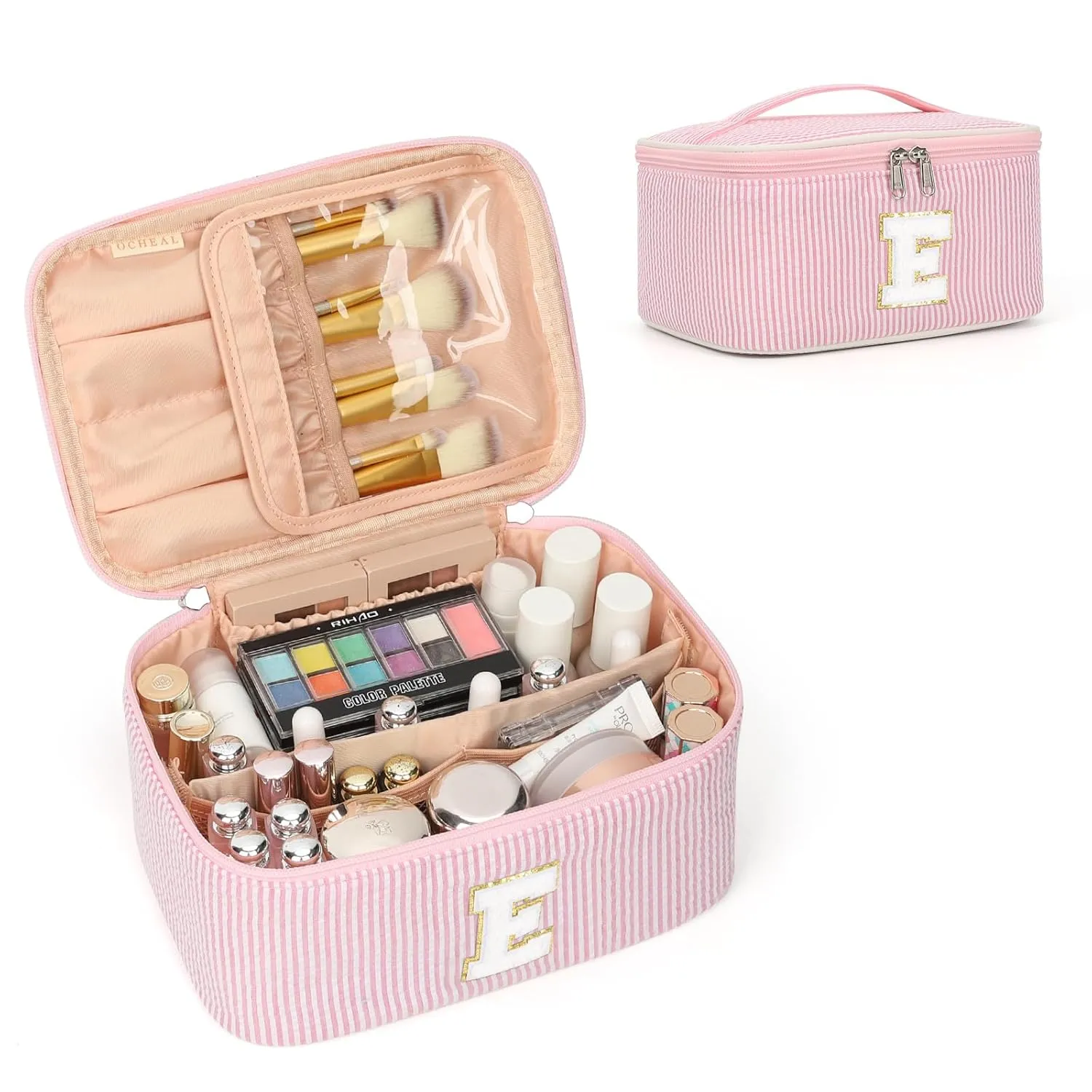 OCHEAL Personalized Makeup Bag for Women Monogram Travel Cosmetic Bag with Brush Holder and Divider, Pink Makeup Organizer Pouch Gift for Her Girls Bridesmaid, Sister, Wife, Friends Initial E
