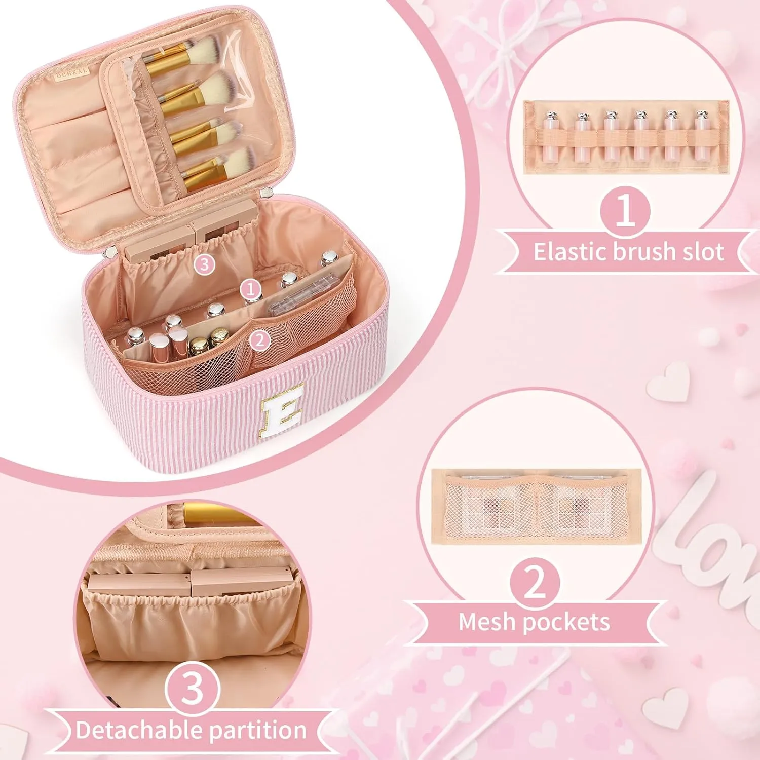 OCHEAL Personalized Makeup Bag for Women Monogram Travel Cosmetic Bag with Brush Holder and Divider, Pink Makeup Organizer Pouch Gift for Her Girls Bridesmaid, Sister, Wife, Friends Initial E