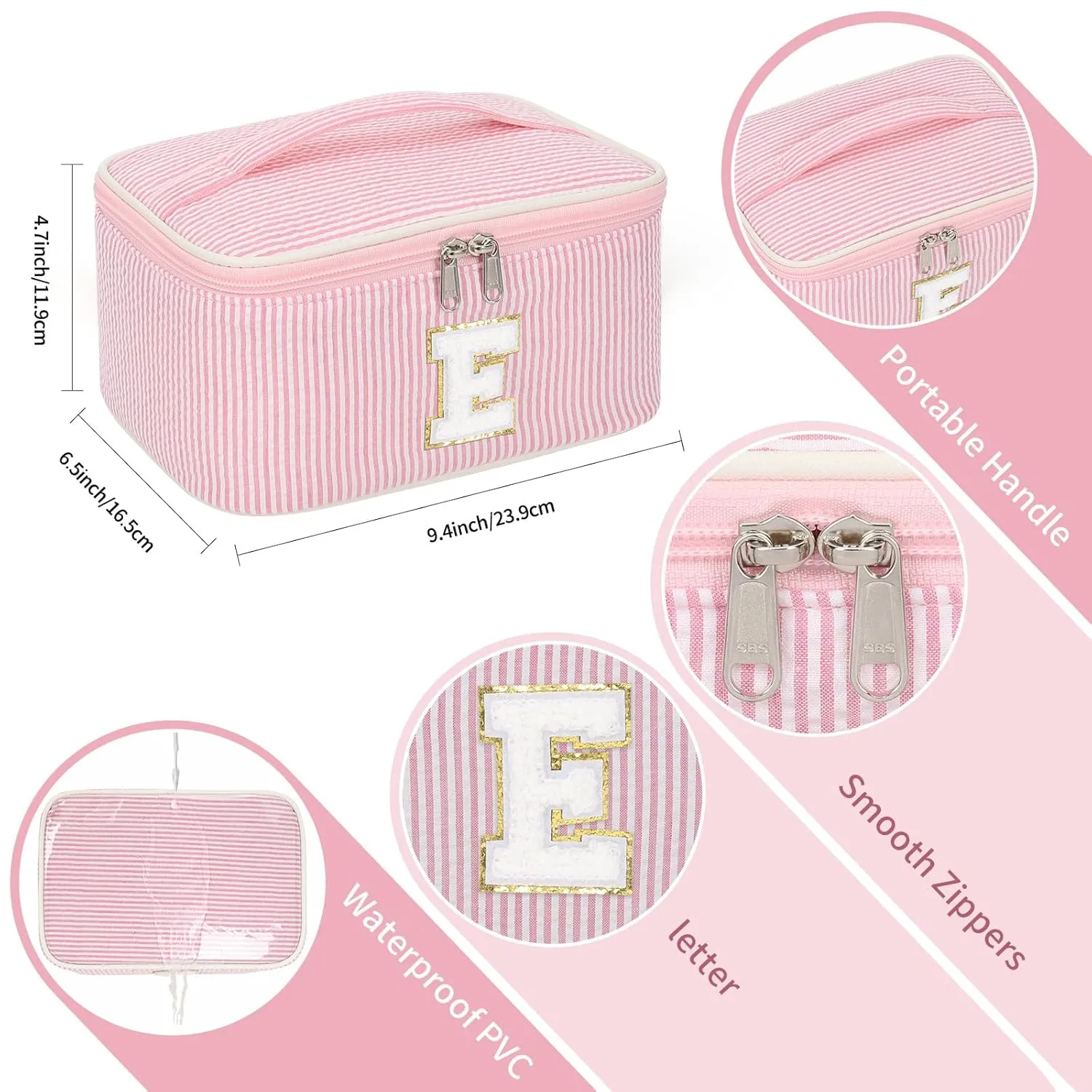 OCHEAL Personalized Makeup Bag for Women Monogram Travel Cosmetic Bag with Brush Holder and Divider, Pink Makeup Organizer Pouch Gift for Her Girls Bridesmaid, Sister, Wife, Friends Initial E