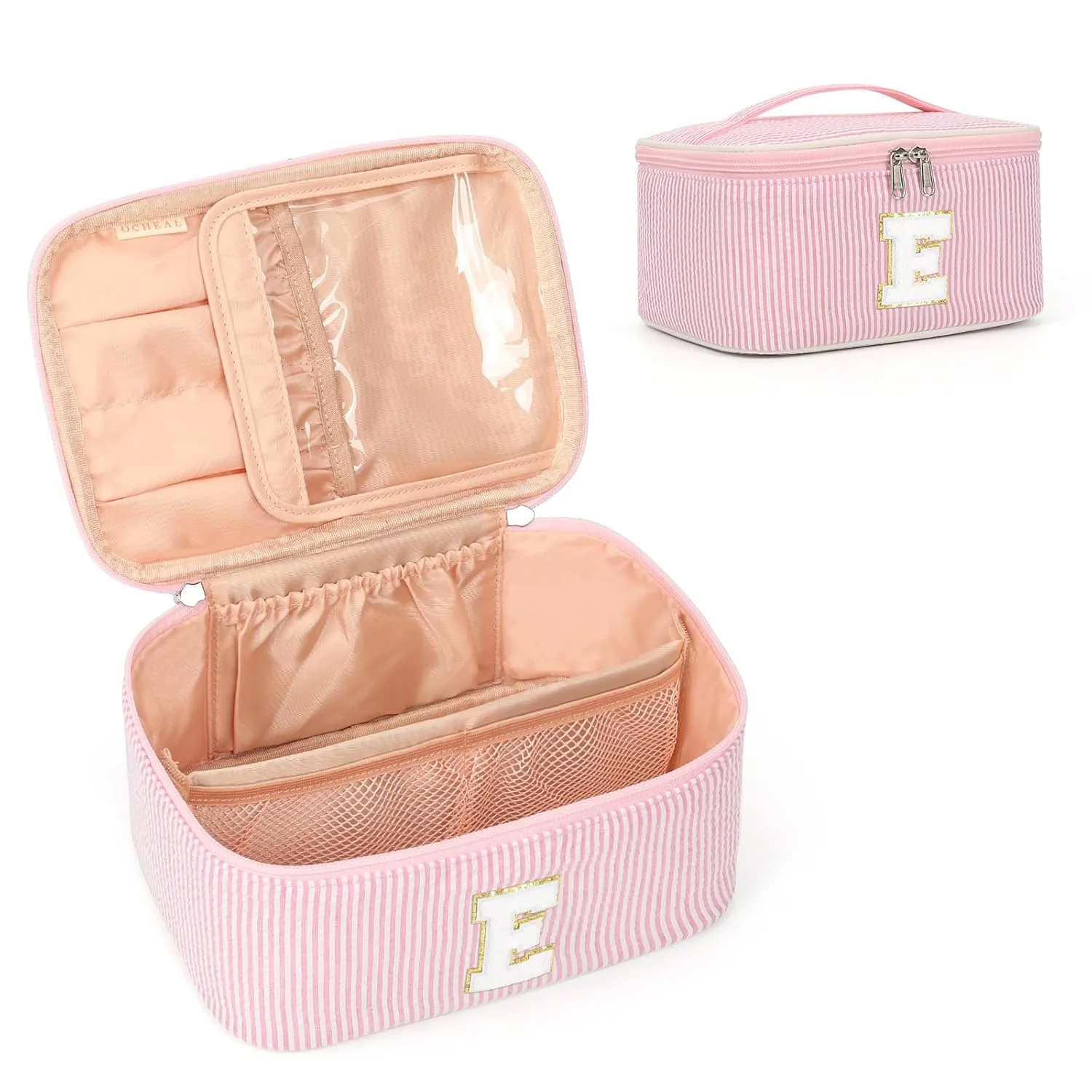 OCHEAL Personalized Makeup Bag for Women Monogram Travel Cosmetic Bag with Brush Holder and Divider, Pink Makeup Organizer Pouch Gift for Her Girls Bridesmaid, Sister, Wife, Friends Initial E