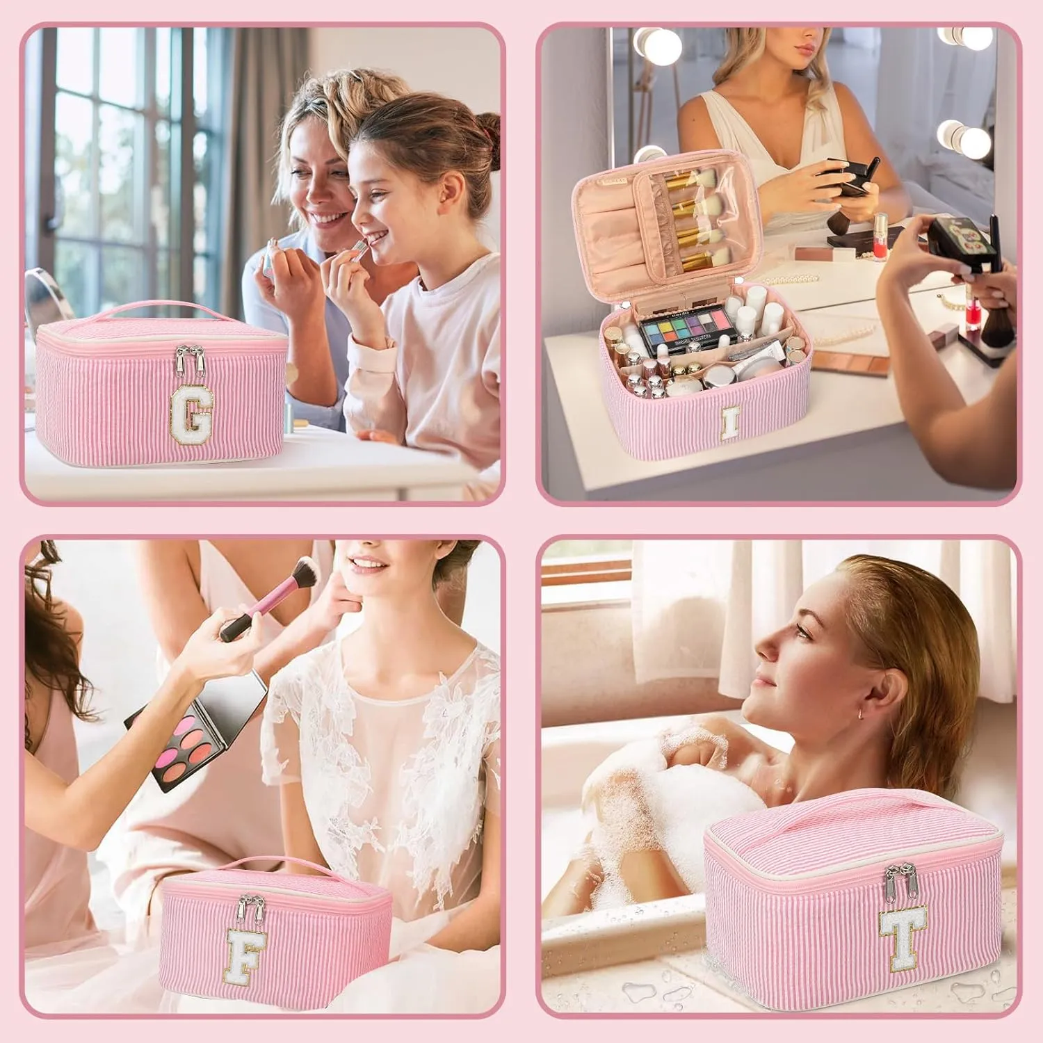 OCHEAL Personalized Makeup Bag for Women Monogram Travel Cosmetic Bag with Brush Holder and Divider, Pink Makeup Organizer Pouch Gift for Her Girls Bridesmaid, Sister, Wife, Friends Initial E