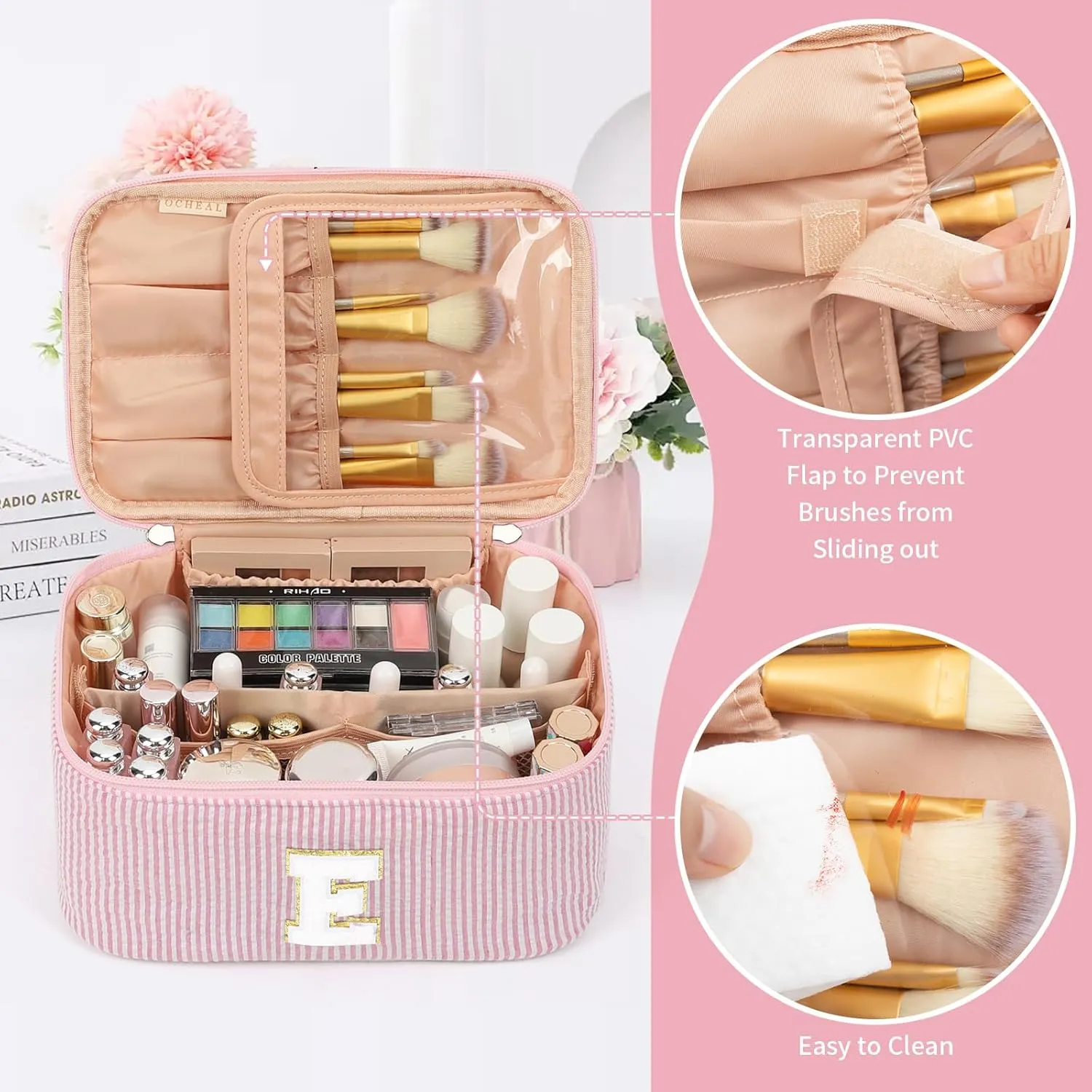 OCHEAL Personalized Makeup Bag for Women Monogram Travel Cosmetic Bag with Brush Holder and Divider, Pink Makeup Organizer Pouch Gift for Her Girls Bridesmaid, Sister, Wife, Friends Initial E