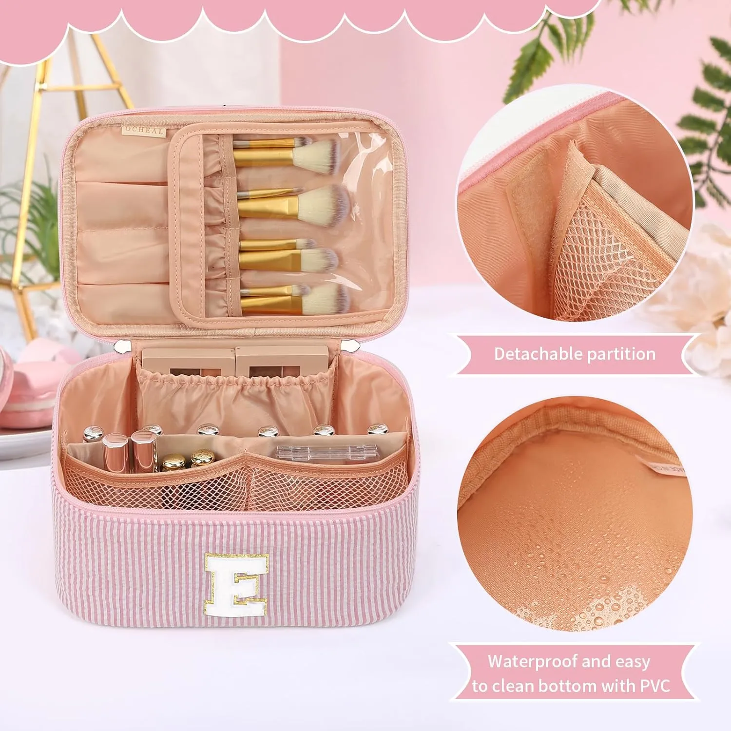 OCHEAL Personalized Makeup Bag for Women Monogram Travel Cosmetic Bag with Brush Holder and Divider, Pink Makeup Organizer Pouch Gift for Her Girls Bridesmaid, Sister, Wife, Friends Initial E