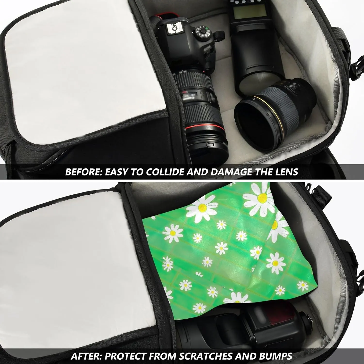 ODAWA Protective Camera Lens Wrap Daisies Green Plaid Self-adhesive Cloth 21.7"x21.7" Wrap Protection for Camera and Lens