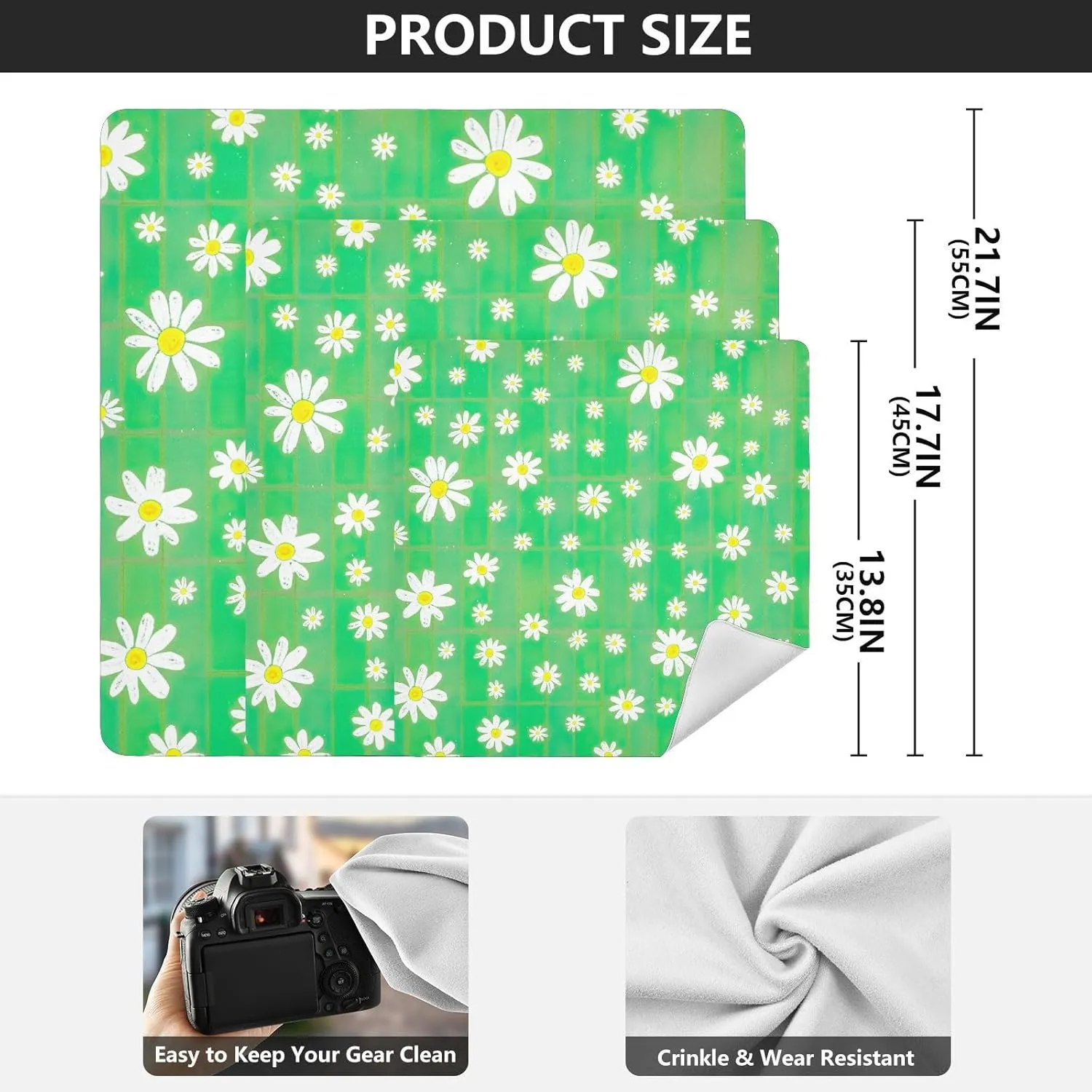 ODAWA Protective Camera Lens Wrap Daisies Green Plaid Self-adhesive Cloth 21.7"x21.7" Wrap Protection for Camera and Lens