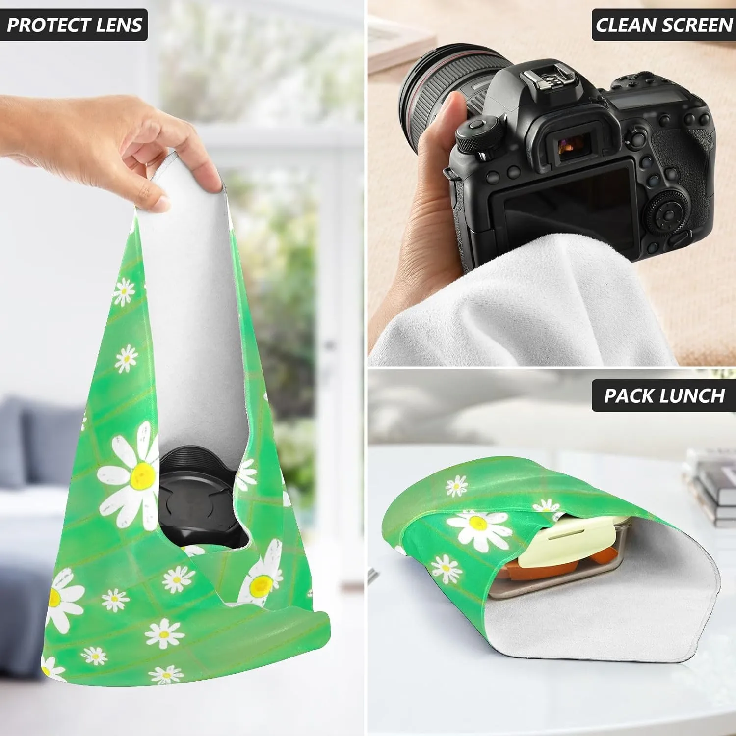 ODAWA Protective Camera Lens Wrap Daisies Green Plaid Self-adhesive Cloth 21.7"x21.7" Wrap Protection for Camera and Lens