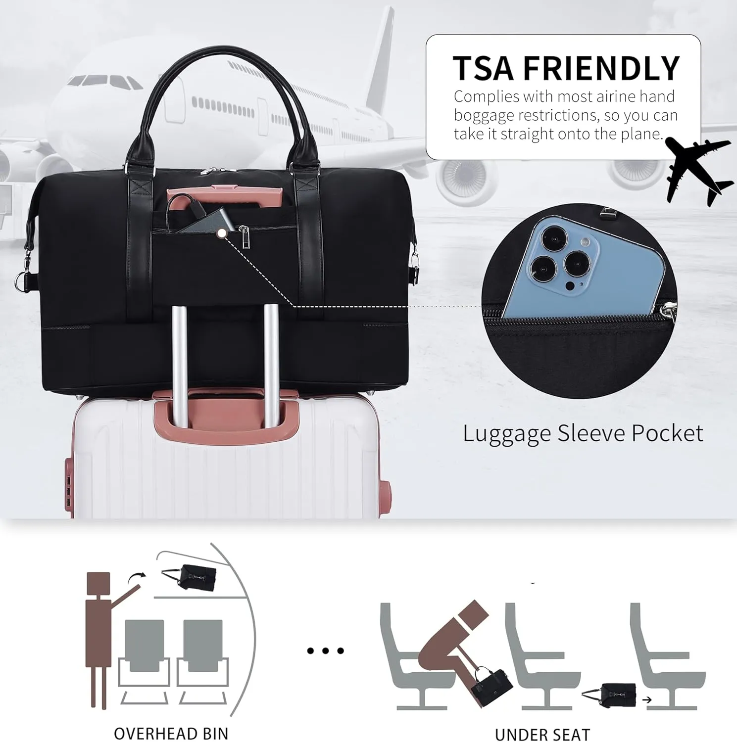 Oeihuivt Weekender Bags for Women - 21 Inch Large Travel Duffel Bag 2-Piece Set with Shoe Compartment, Heavy-Duty Canvas & Leather Carry On Overnight Tote (Airplane Approved)