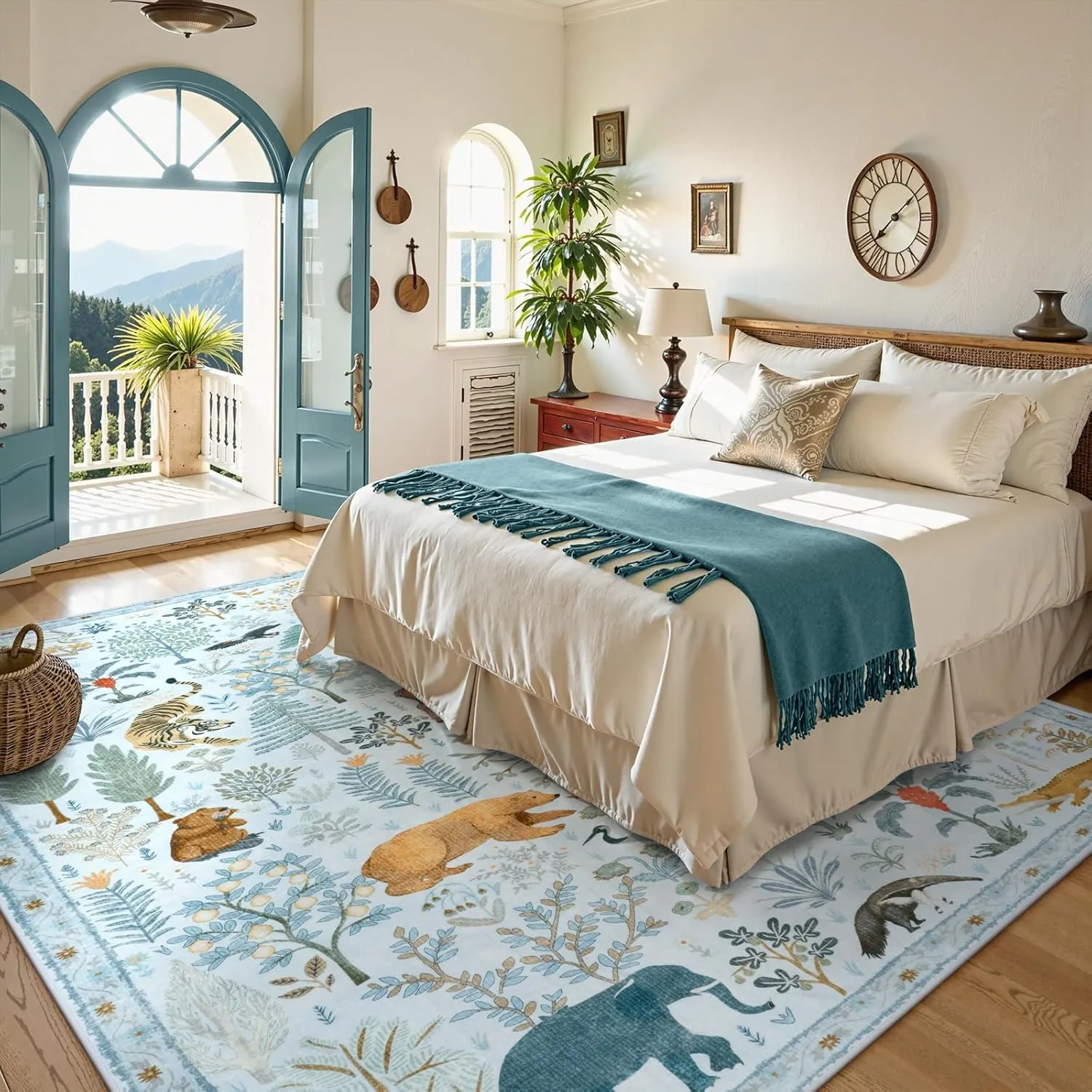 OJIA Animal Area Rugs 8x10, Soft 8x10 Washable Rugs for Living Room Bedroom, Non-Slip Boho Ultra-Thin Dining Room Rug Large Throw Carpet for Farmhouse Playroom Office, Light Blue