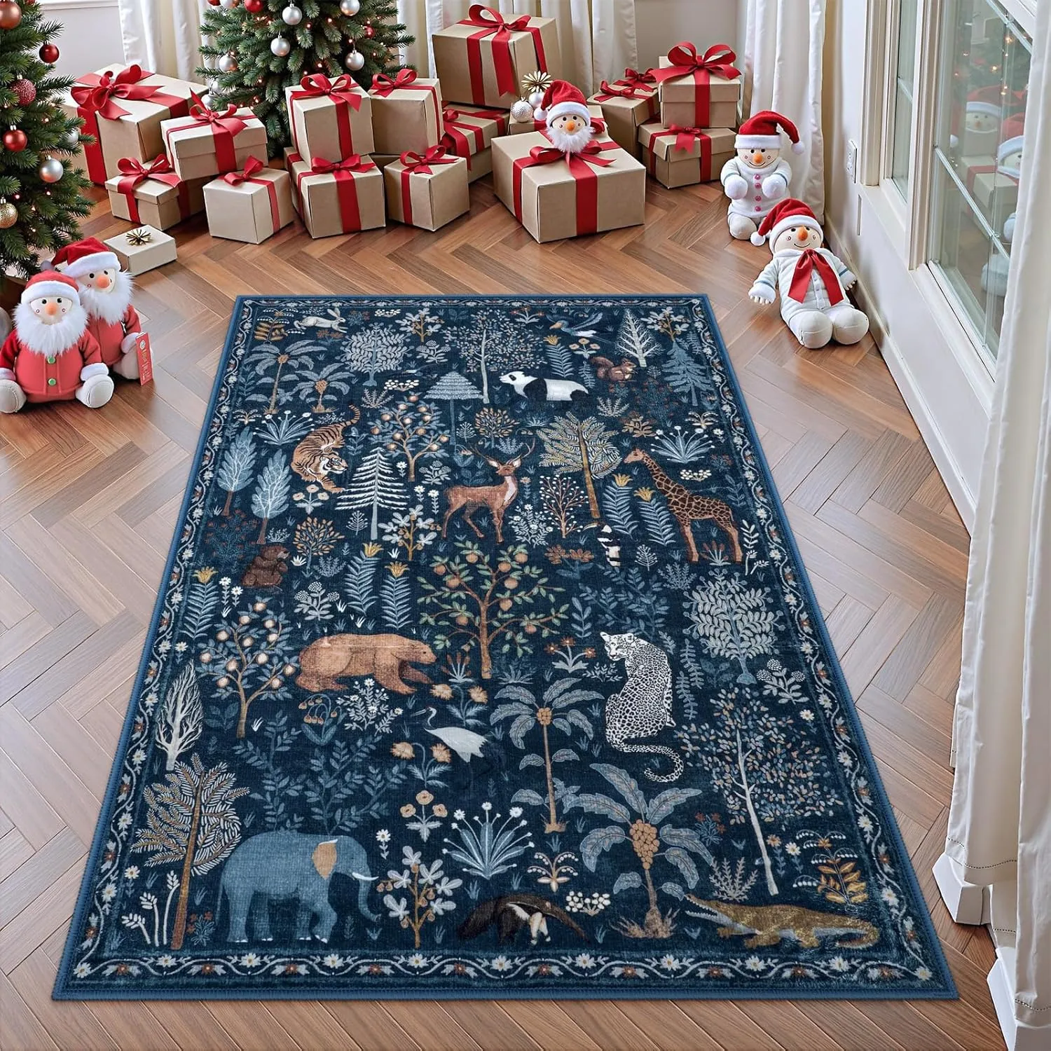 OJIA Jungle Print Blue 5x7 Rugs for Living Room, Soft Ultra-Thin Washable Area Rugs for Bedroom Non-Slip Modern Entryway Rug Non Shedding Indoor Carpet Kids Rugs for Playroom Nursery Classroom