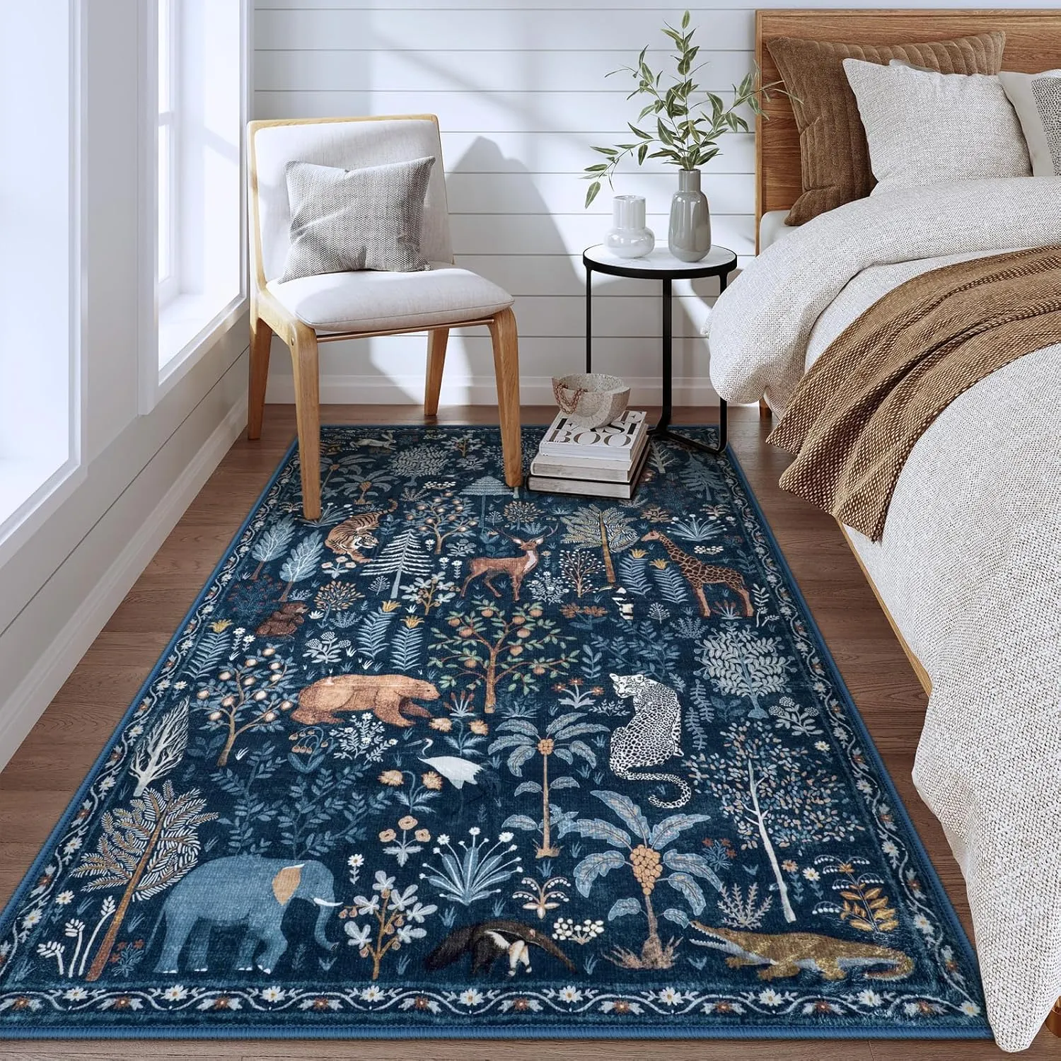 OJIA Jungle Print Blue 5x7 Rugs for Living Room, Soft Ultra-Thin Washable Area Rugs for Bedroom Non-Slip Modern Entryway Rug Non Shedding Indoor Carpet Kids Rugs for Playroom Nursery Classroom
