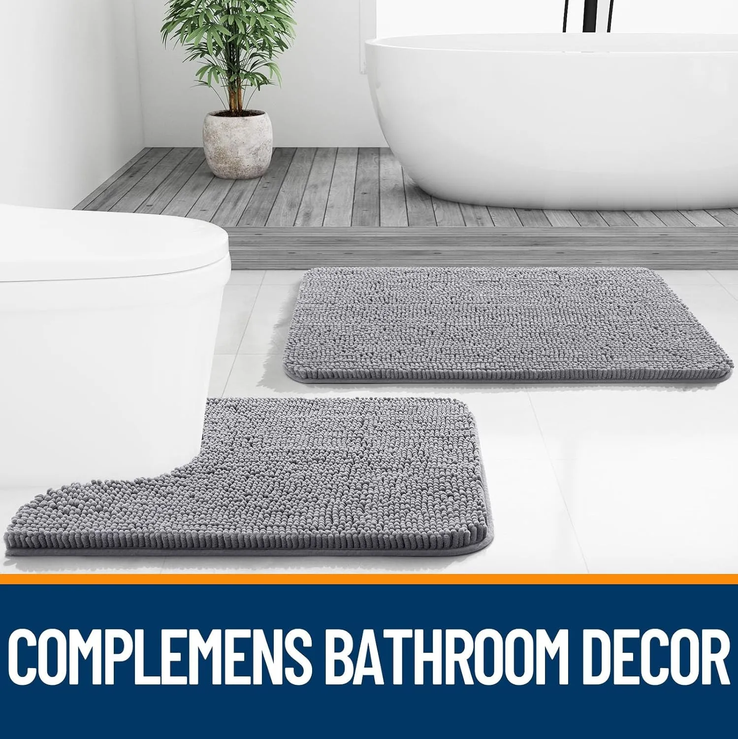 OLANLY Bathroom Rugs Sets 3 Piece, Soft Absorbent Chenille Bath Mats and U-Shaped Contour Toilet Rug, Quick Dry, Home Decor Accessories, Bath Mat Set for Bathroom (30"x20" 24"x16" 24"x20", Grey)