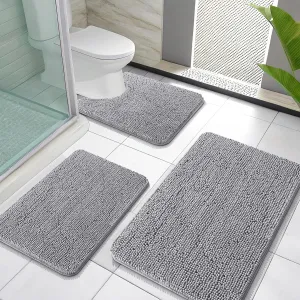 OLANLY Bathroom Rugs Sets 3 Piece, Soft Absorbent Chenille Bath Mats and U-Shaped Contour Toilet Rug, Quick Dry, Home Decor Accessories, Bath Mat Set for Bathroom (30"x20" 24"x16" 24"x20", Grey)