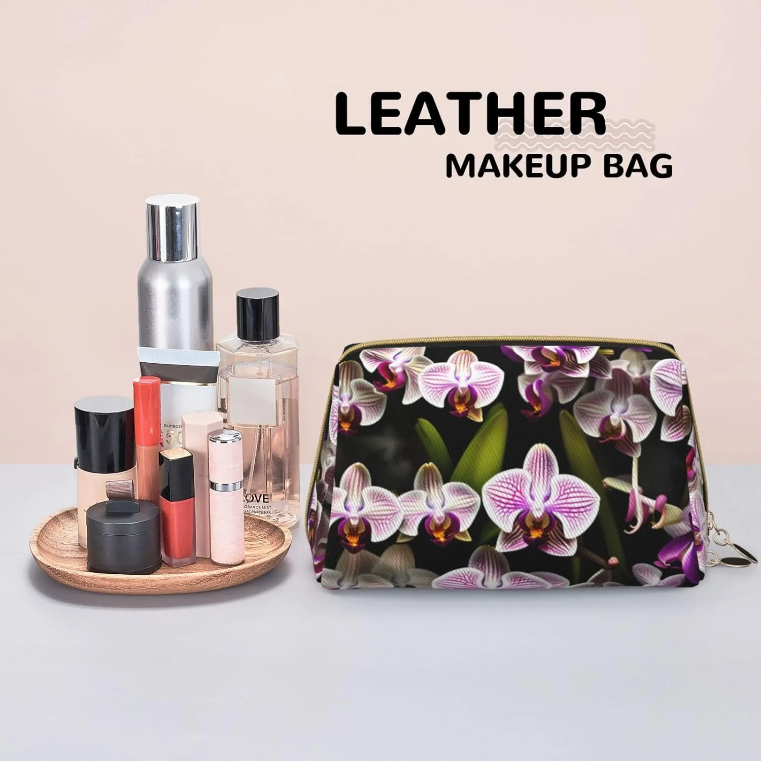 Orchids Leather Toiletry Organizer Bag, Travel-Friendly Makeup Pouch For Women