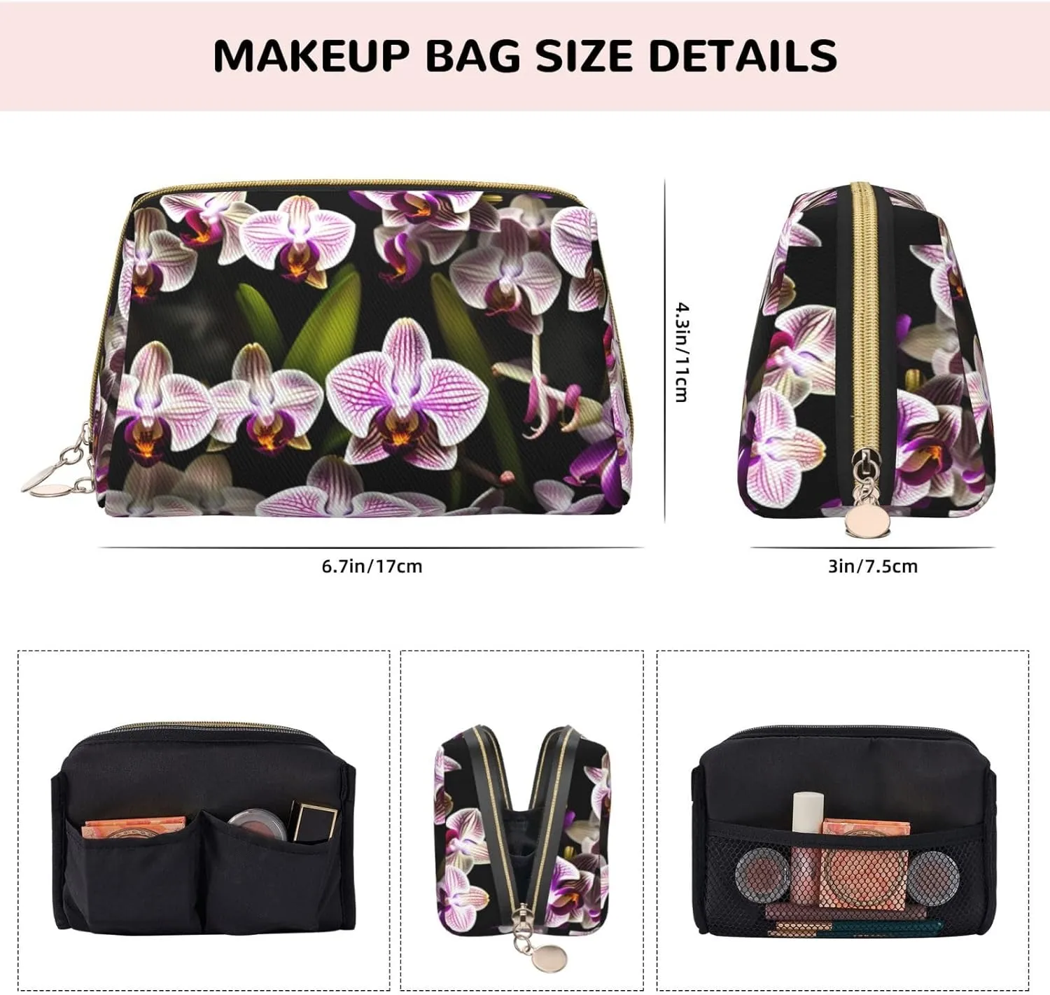 Orchids Leather Toiletry Organizer Bag, Travel-Friendly Makeup Pouch For Women