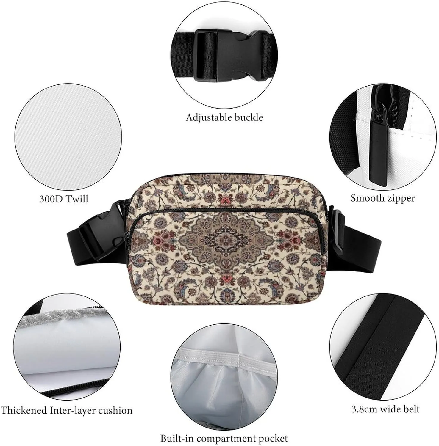 Oriental Floral Persian Large Capacity Portable All Print Waist Bag