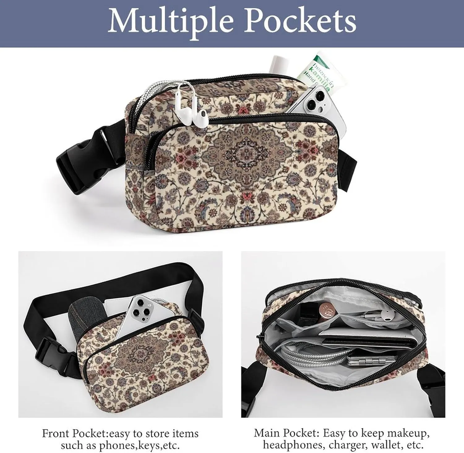 Oriental Floral Persian Large Capacity Portable All Print Waist Bag