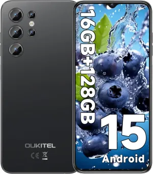OUKITEL C1 Android 15 Cell Phone Unlocked 2025-16GB 128GB(TF 1TB), 6.52'' Waterdrop Screen, 5150mAh Battery Smartphone, 13MP Camera Octa Core, 4G Triple SIM, Fingerprint/3.5mm Jack/GPS/T-Mobile,Black