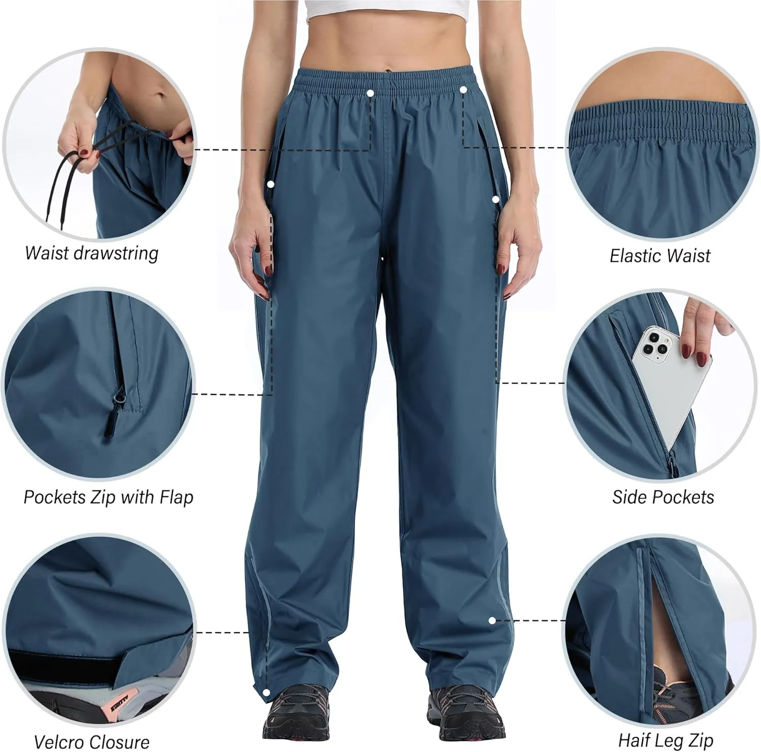 Ourcan Rain Pants Women Waterproof Pants Lightweight Breathable Hiking Cycling Outdoor with Pocket