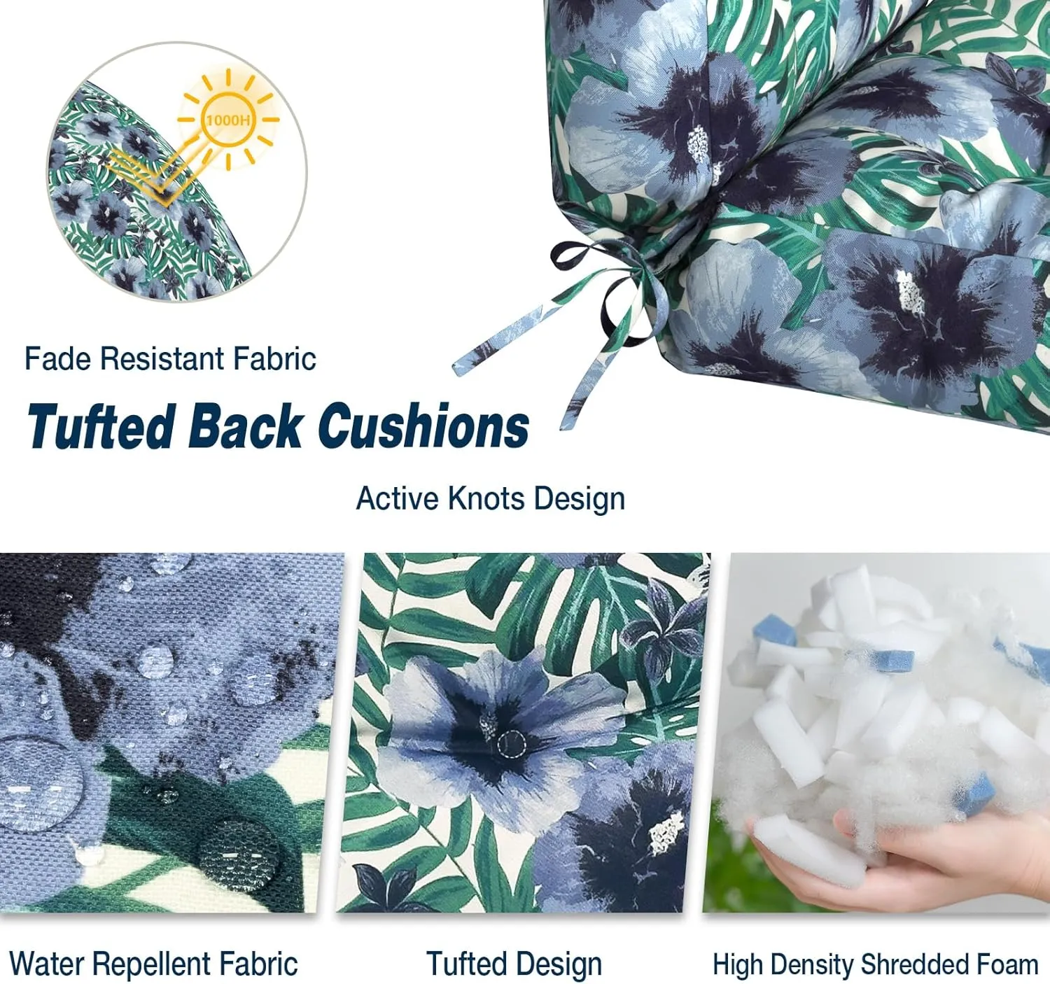 Outdoor Chair Cushions, Tufted Back Patio Furniture Cushions Set of 2, Water Repellent Wicker High Back Chair Cushion for Home Garden Lounge Deep Chairs,42x21x4, Blue Salmone Tropical